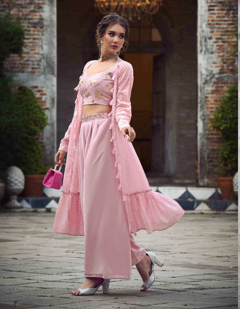 Buy Pink Georgette Embroidery Party Wear Crop Top Lehenga