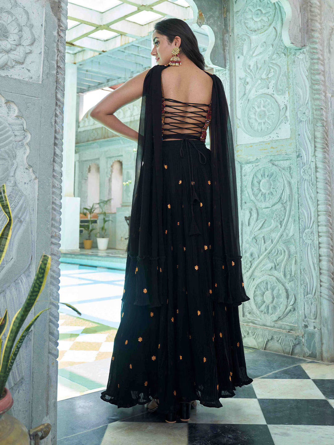 Gerogette Embroidered Black Lehenga Choli