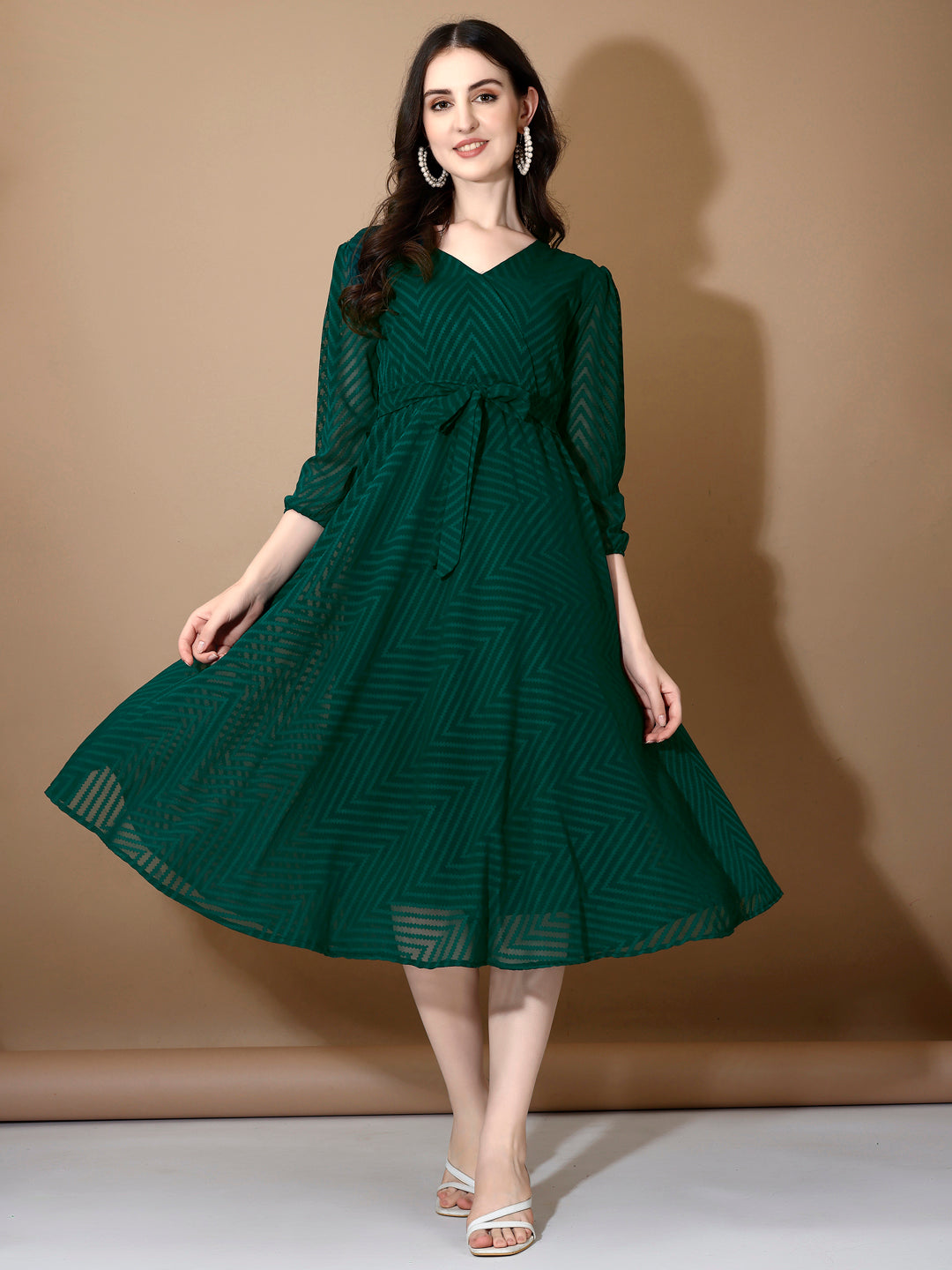 Green Chevron Print Fit & Flare Dress