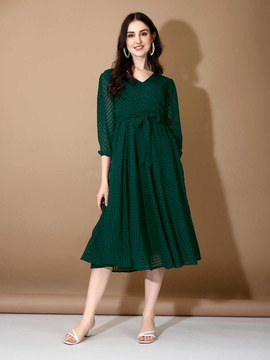 Green Chevron Print Fit & Flare Dress