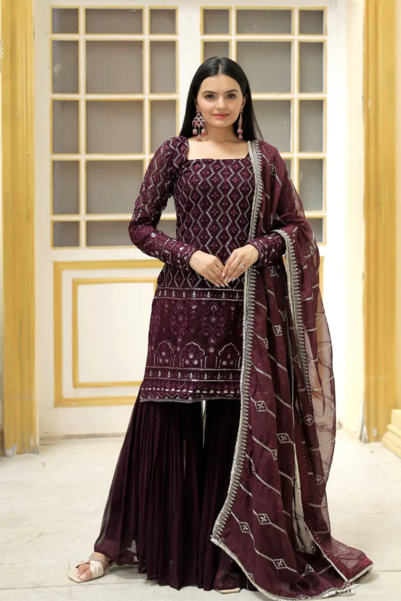 Party Wear Georgette Wine Sharara Suit