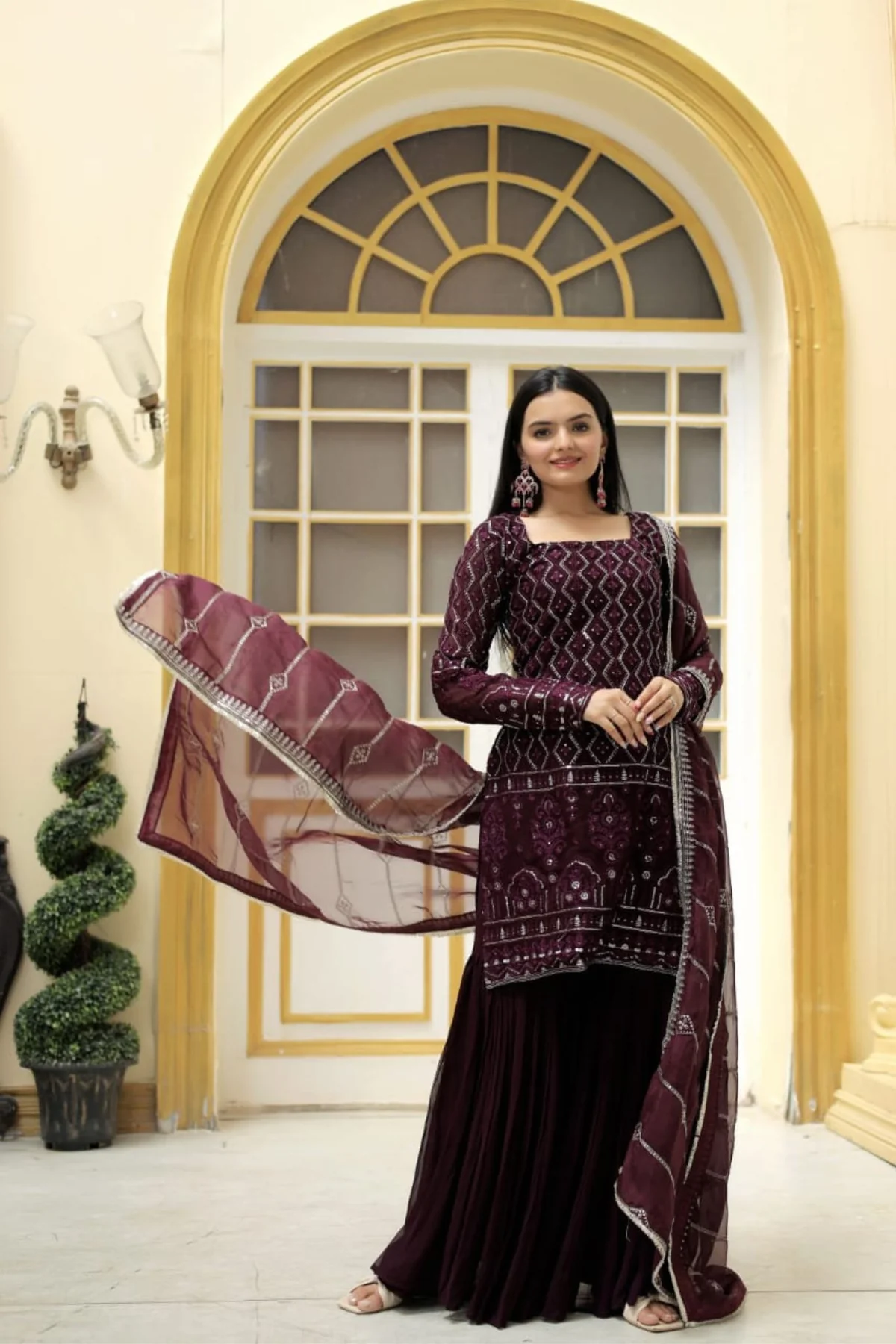 Party Wear Georgette Wine Sharara Suit