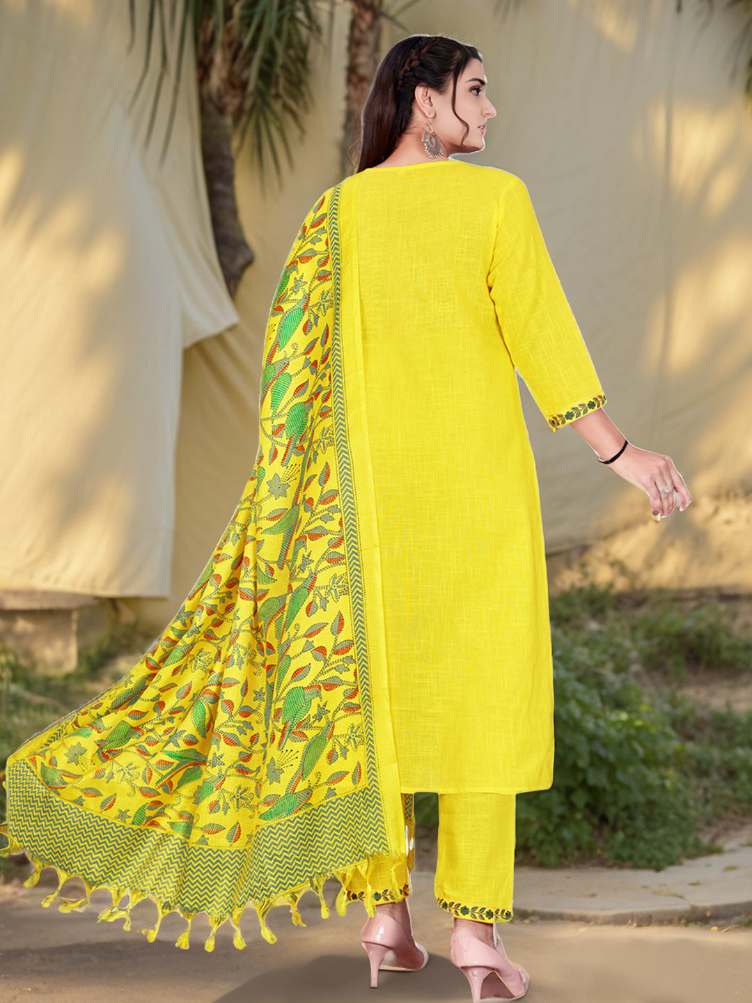 Festival Wear Cotton Yellow Kurta Set