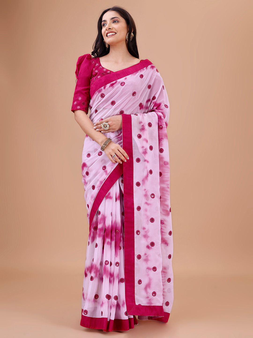 Beautiful Georgette Pink Party Wear Saree