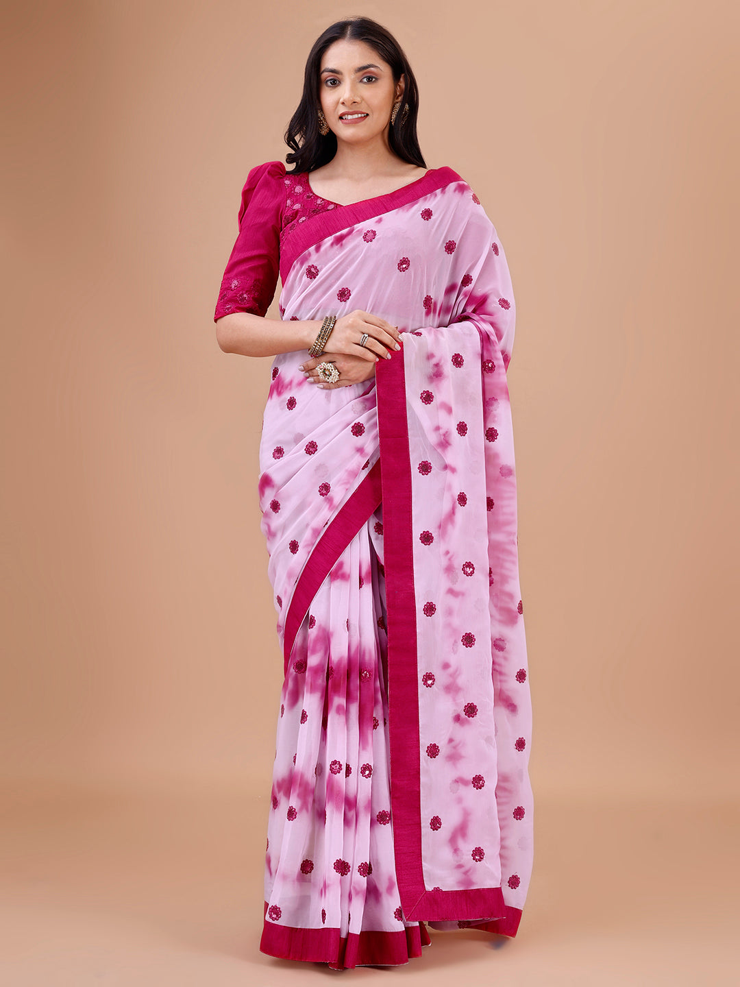 Beautiful Georgette Pink Party Wear Saree