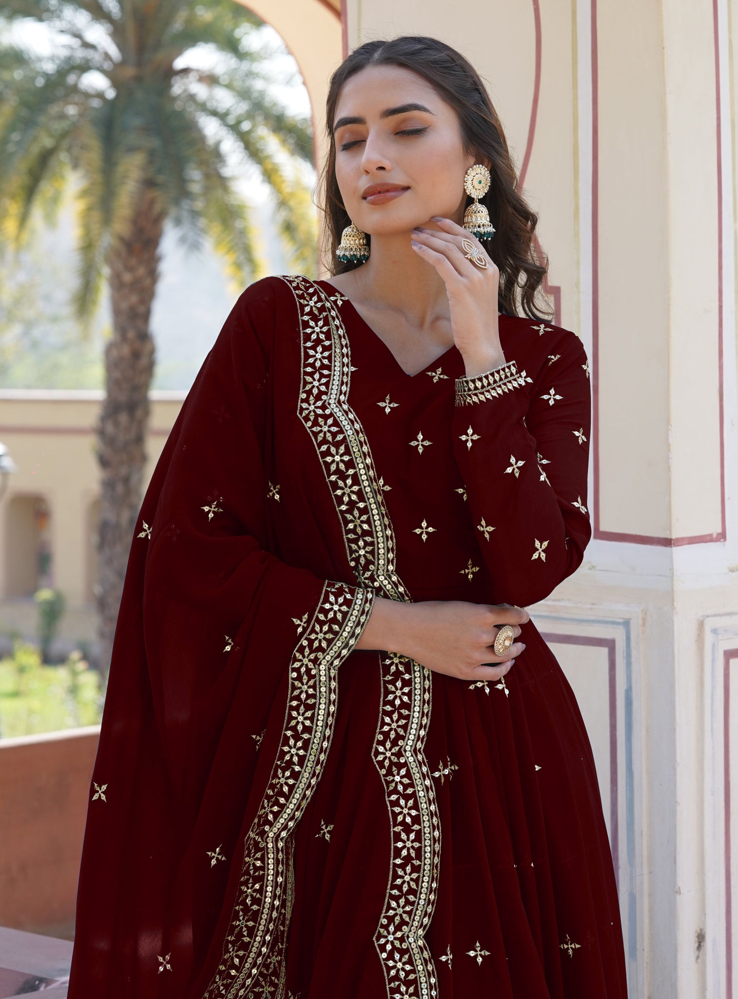 ANARA  Beautiful Designer Georgette Cotton Maroon Gown Set