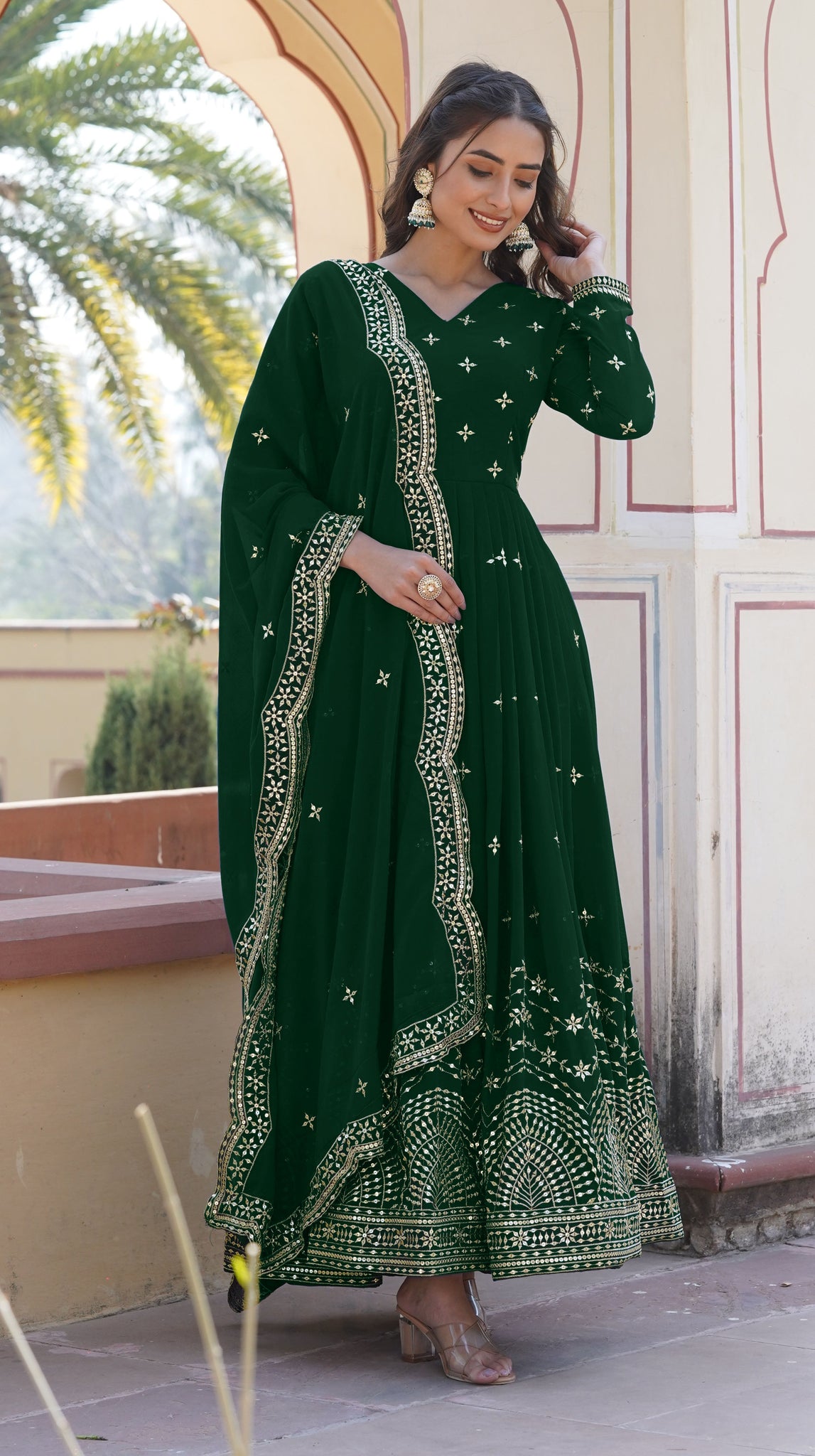 ANARA  Beautiful Designer Georgette Cotton Green Gown Set