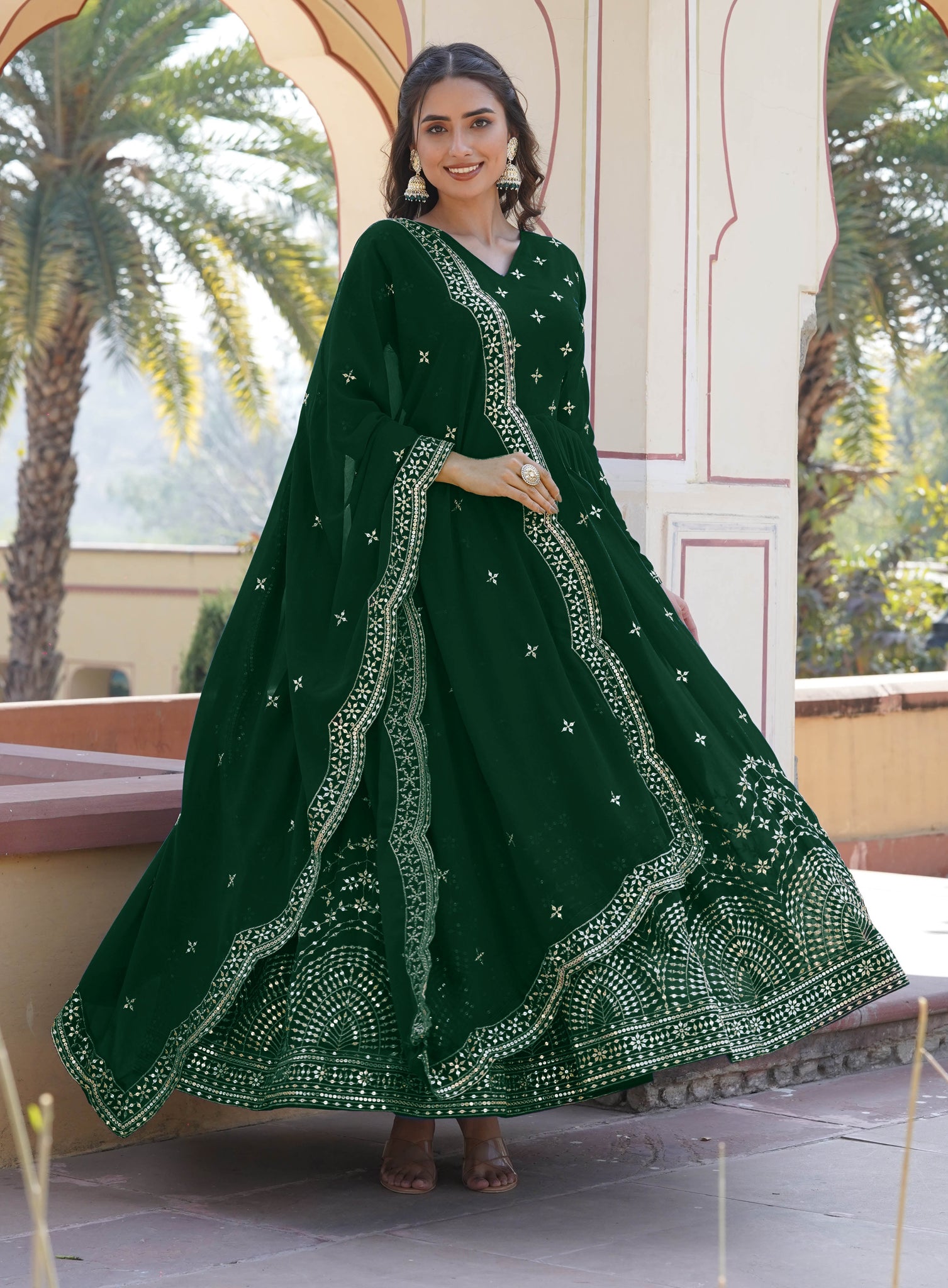 ANARA  Beautiful Designer Georgette Cotton Green Gown Set