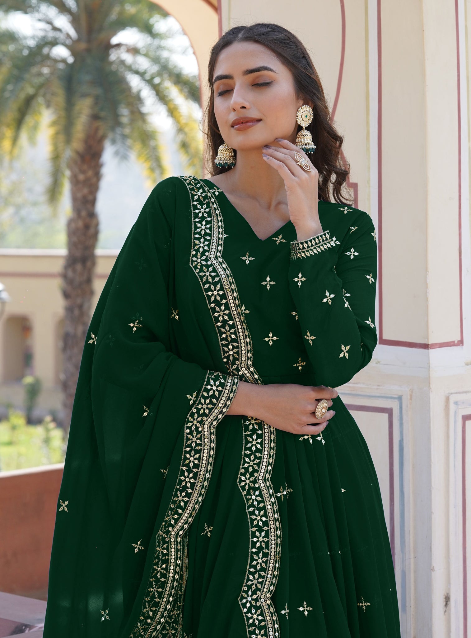 ANARA  Beautiful Designer Georgette Cotton Green Gown Set