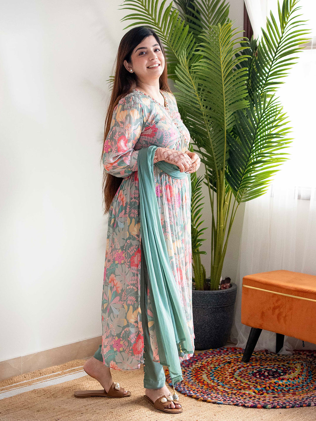 Green Floral Alia Cut Suit Set