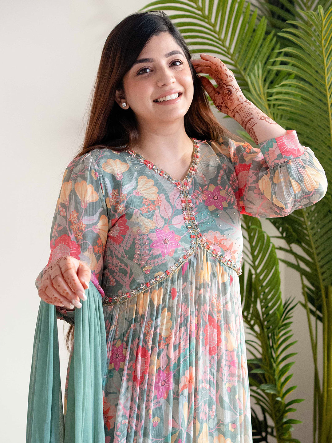 Green Floral Alia Cut Suit Set