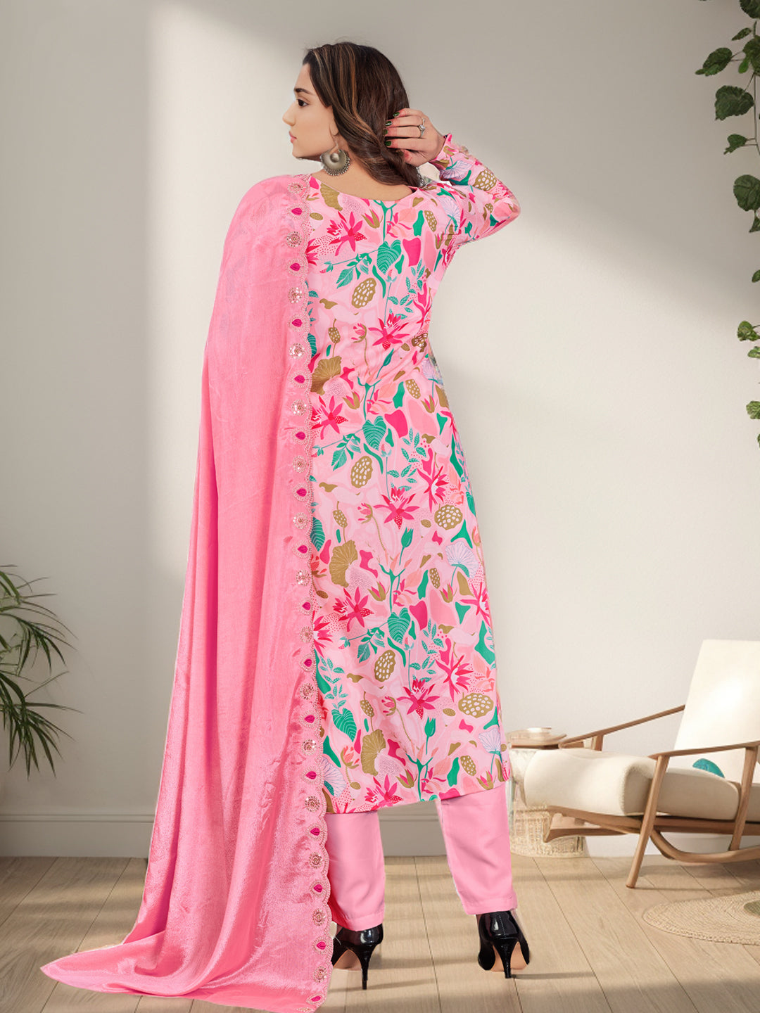 Floral Printed Casual Wear Pink kurta Set