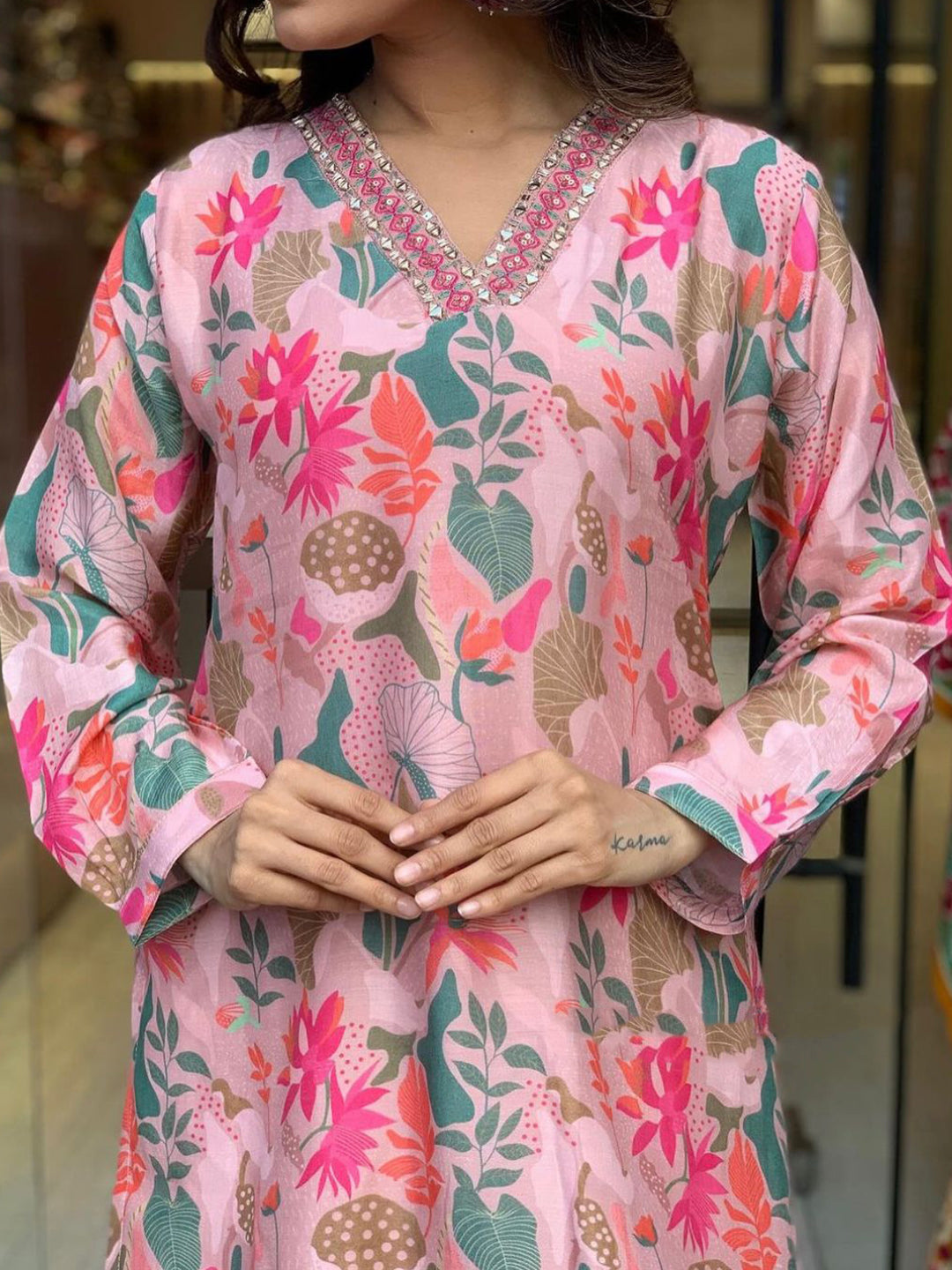 Floral Printed Casual Wear Pink kurta Set