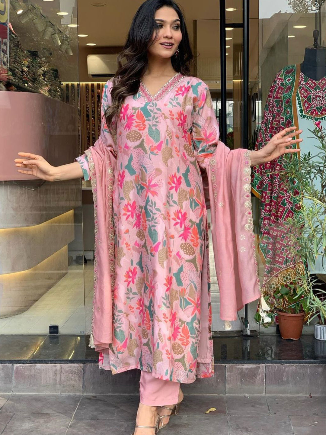 Floral Printed Casual Wear Pink kurta Set