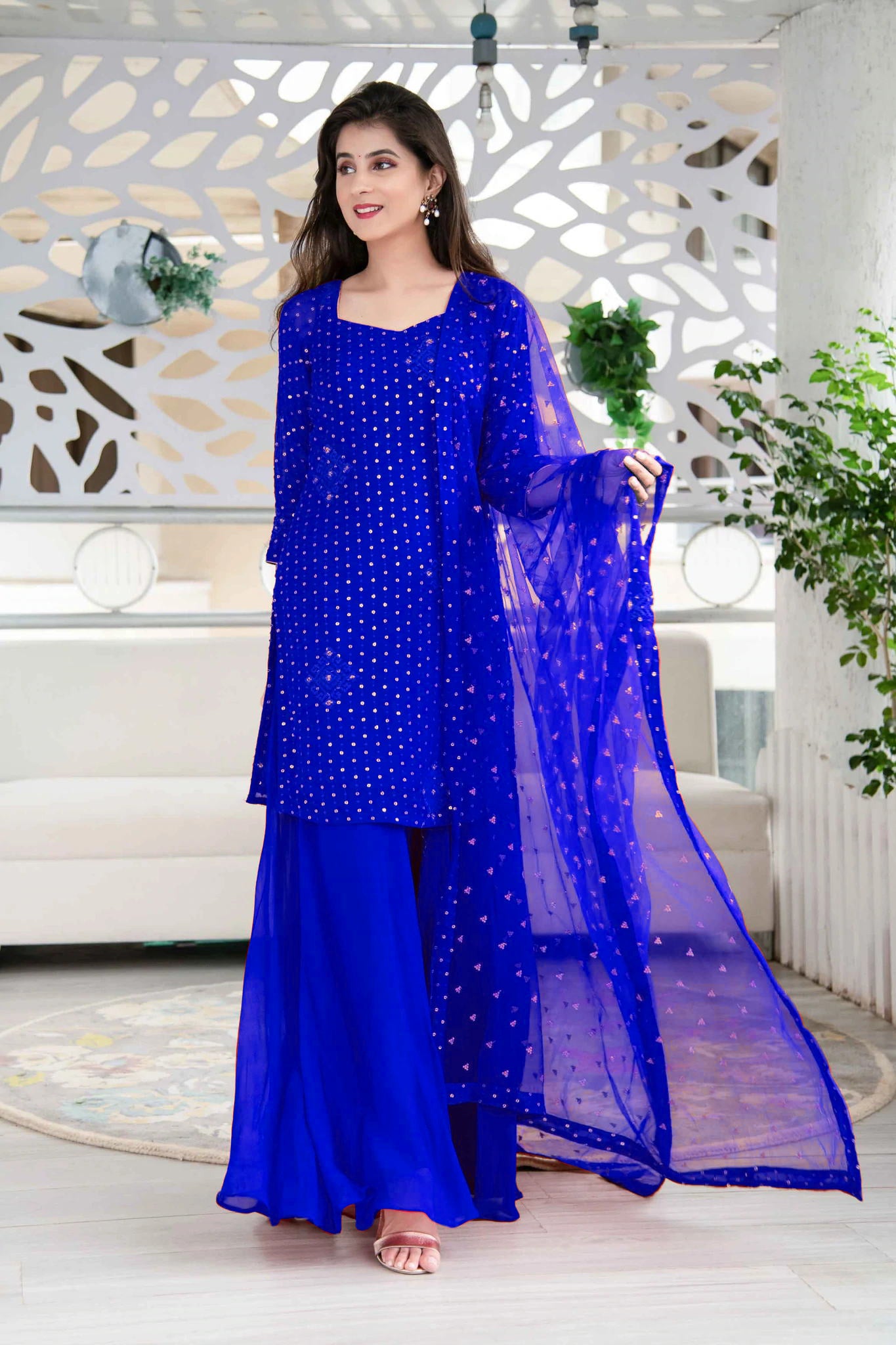 Attractive Blue Sequin Fox Georgette Plazo Suit