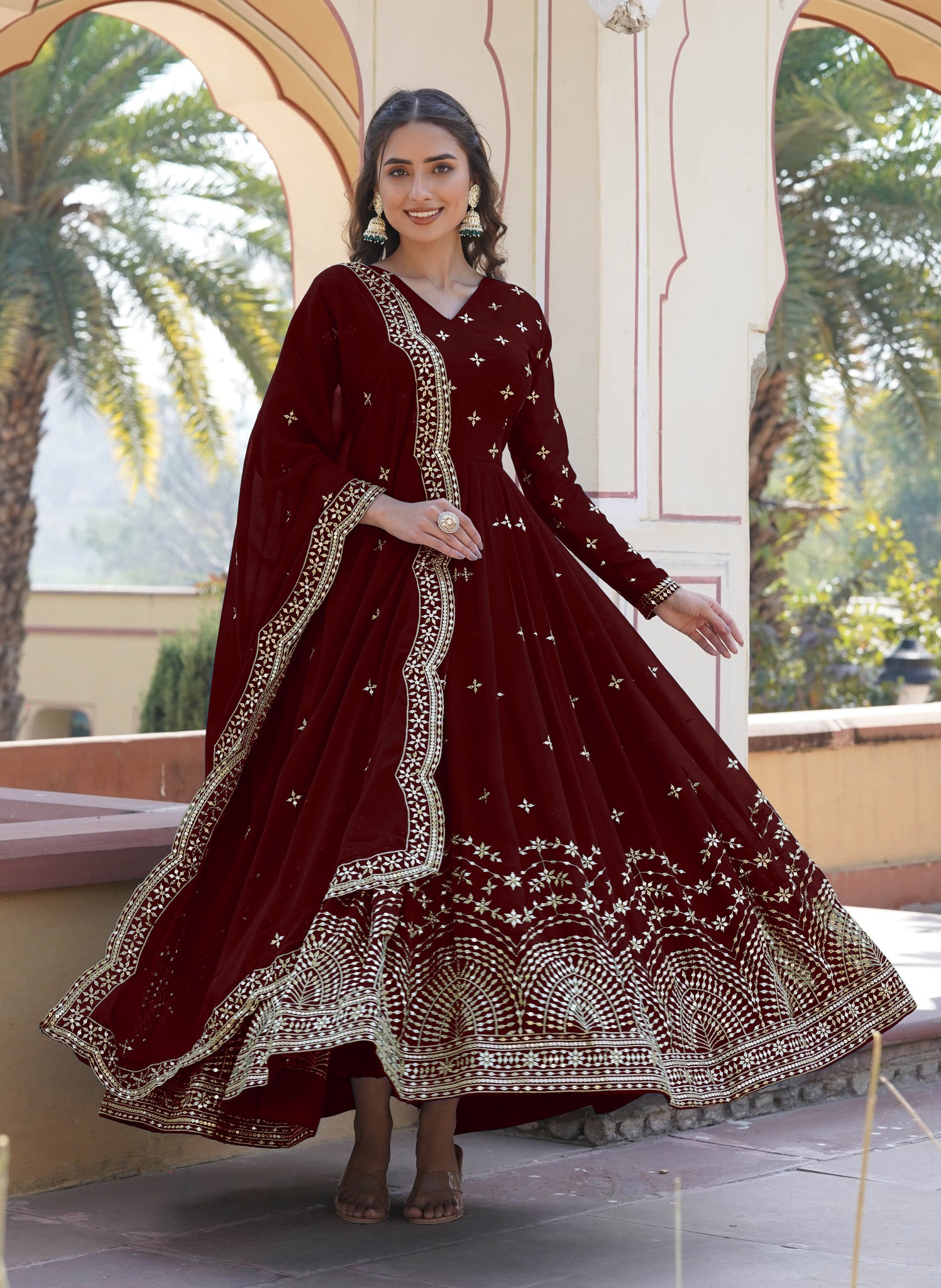 ANARA  Beautiful Designer Georgette Cotton Maroon Gown Set