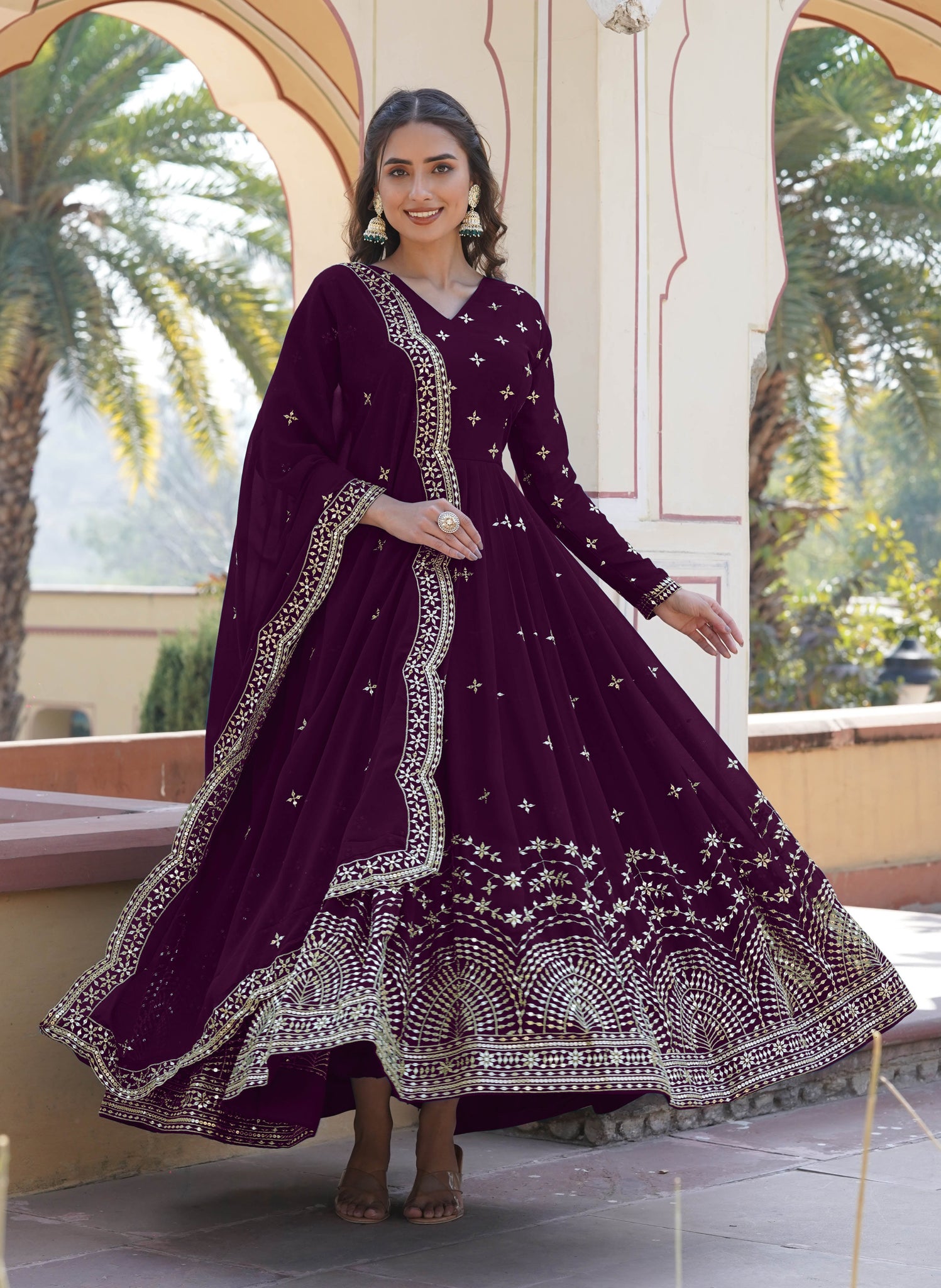 ANARA  Beautiful Designer Georgette Cotton Purple Gown Set