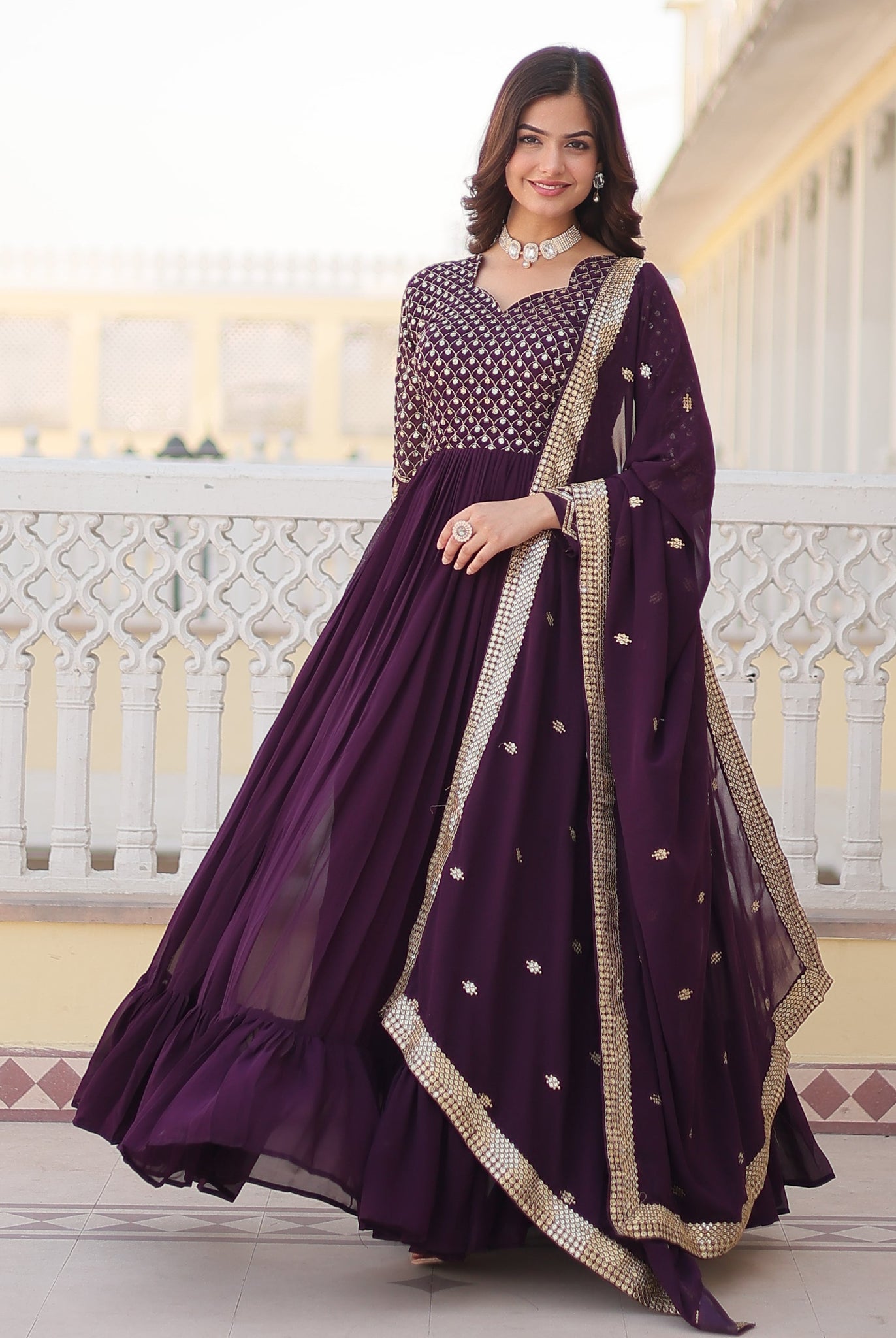 Wine Ready To Wear Anarkali Gown Set For Women