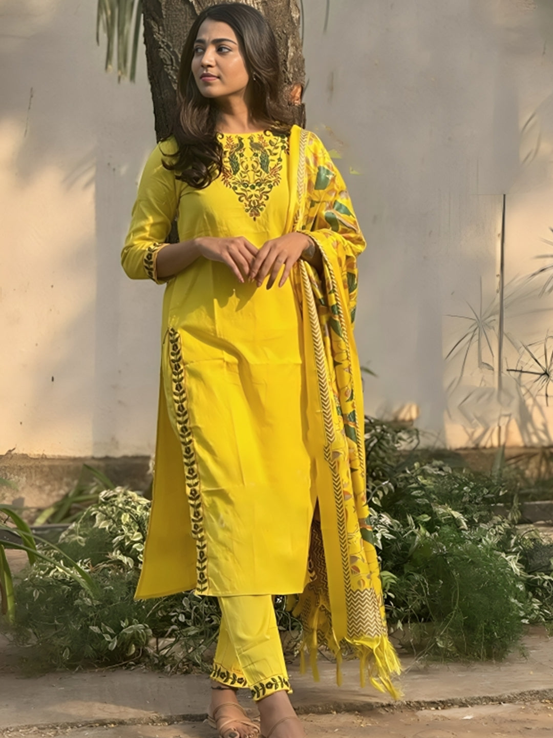 Festival Wear Cotton Yellow Kurta Set