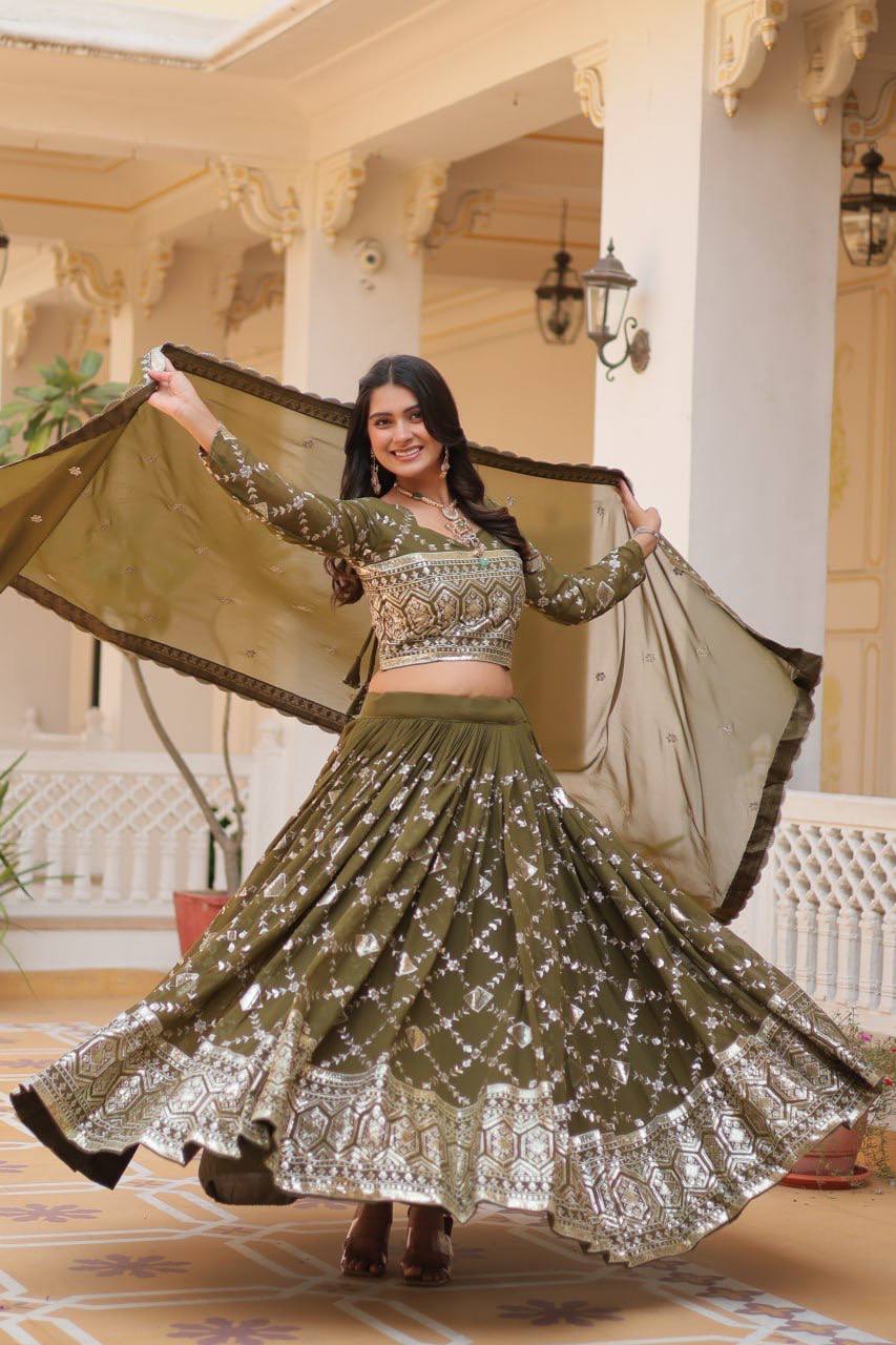 Designer Georgette Wedding Wear Olive Lehenga Choli