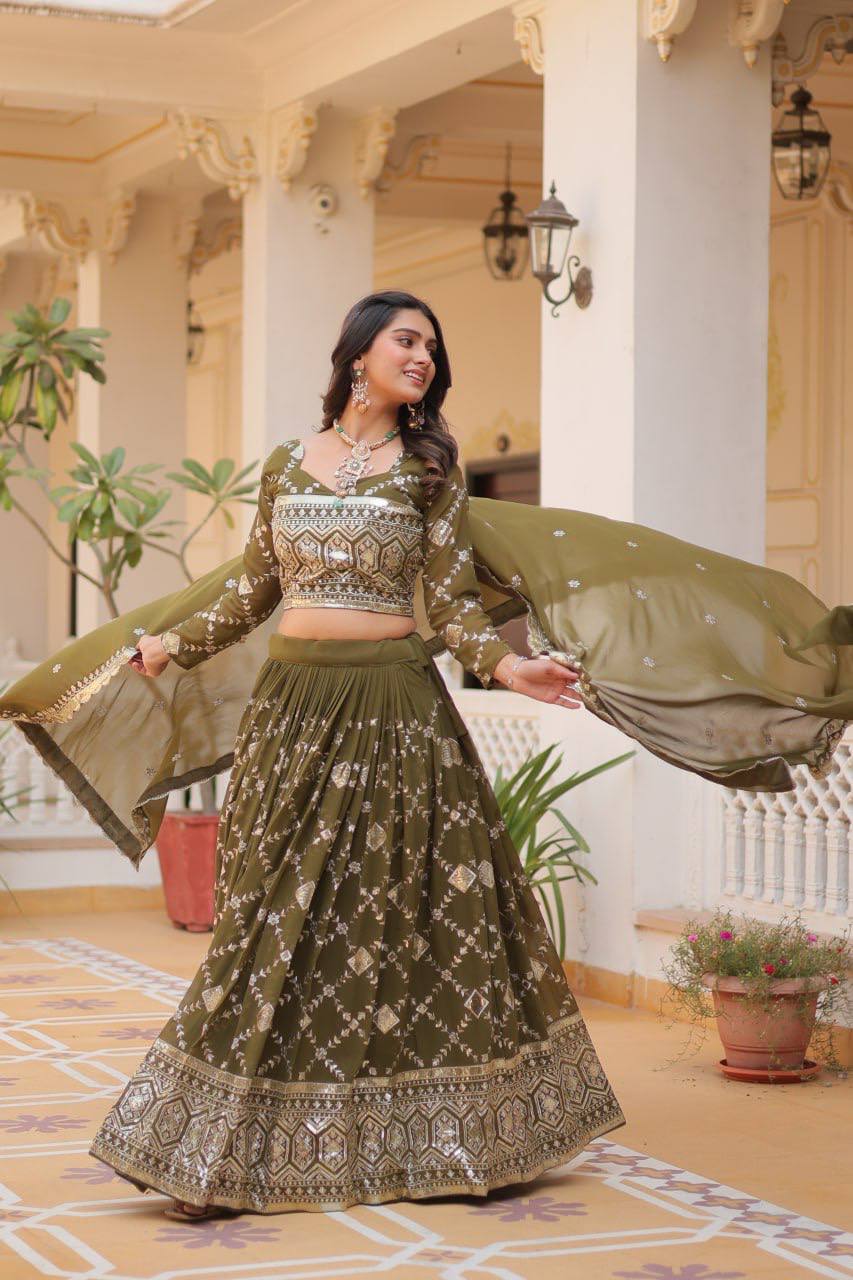 Designer Georgette Wedding Wear Olive Lehenga Choli