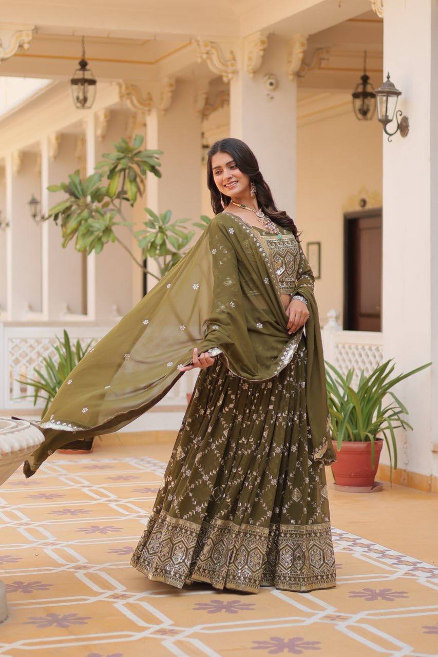 Designer Georgette Wedding Wear Olive Lehenga Choli