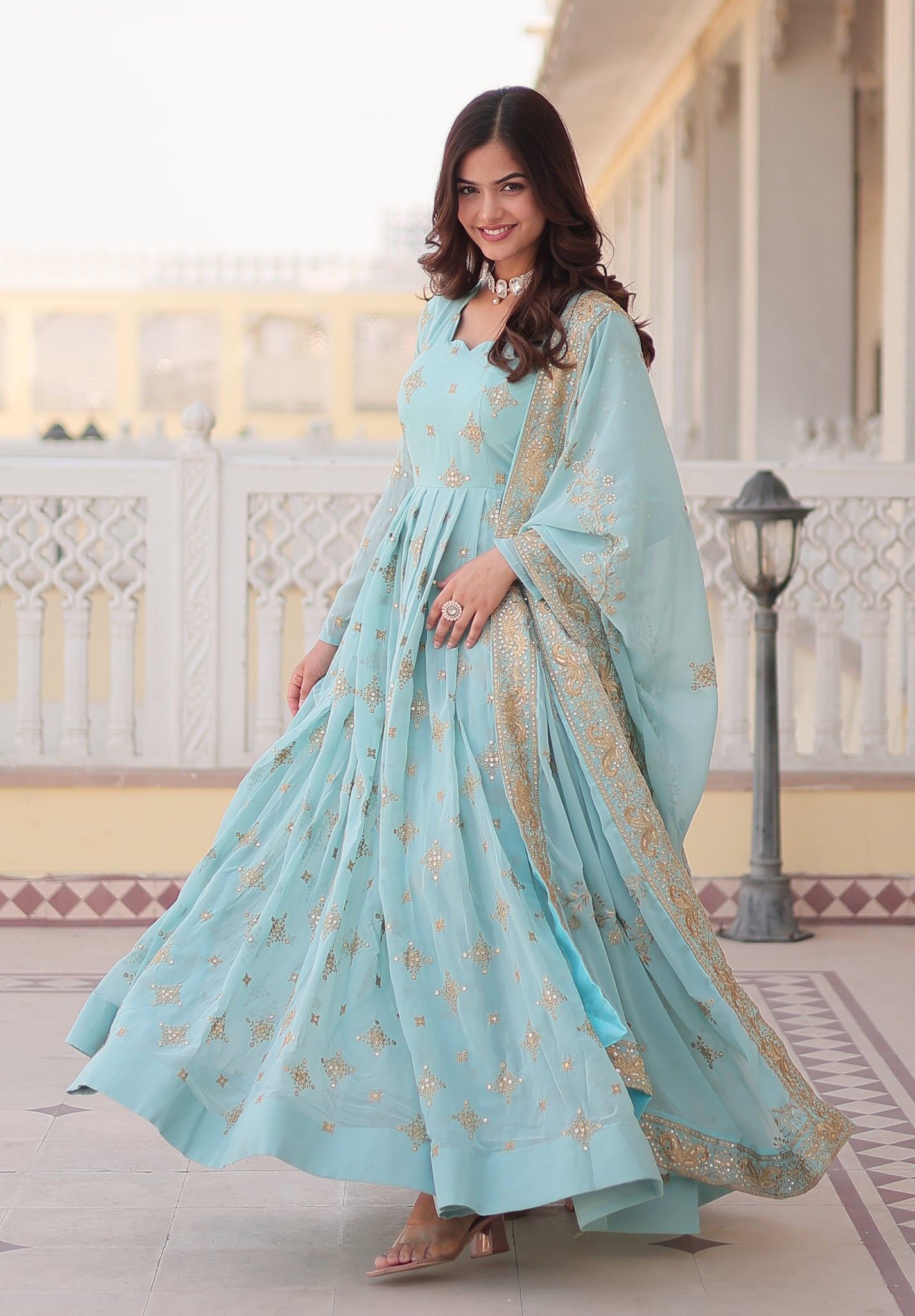 Festival Wear Cotton Sky Blue Kurta Set With Dupatta