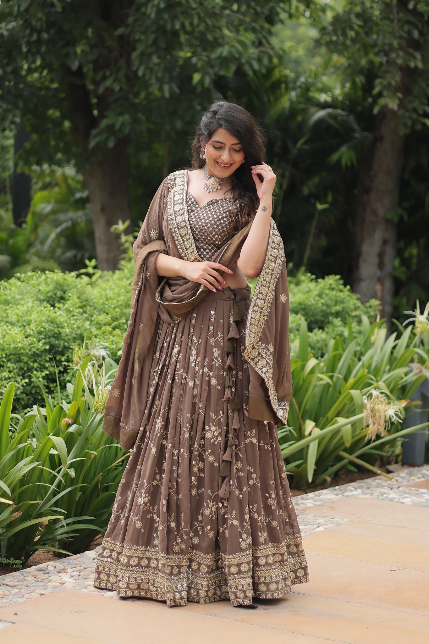 Party Wear Blooming Brown Lehenga Choli