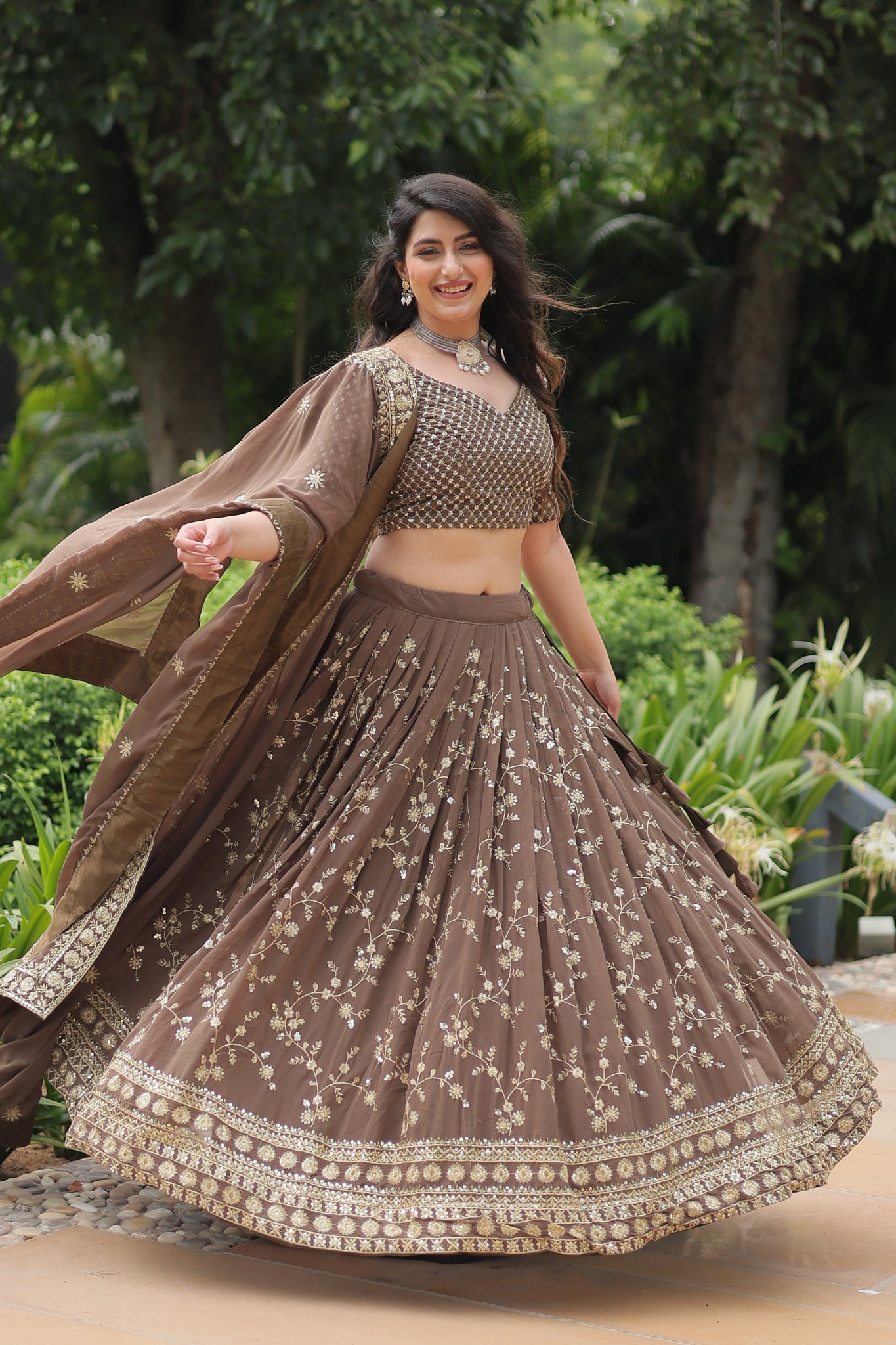 Party Wear Blooming Brown Lehenga Choli