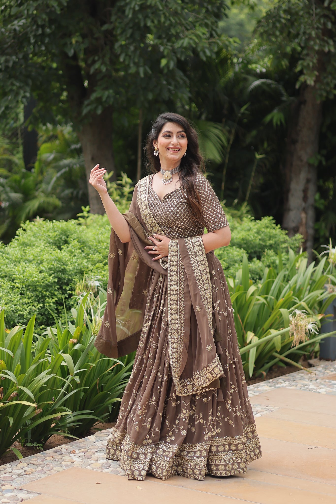 Party Wear Blooming Brown Lehenga Choli