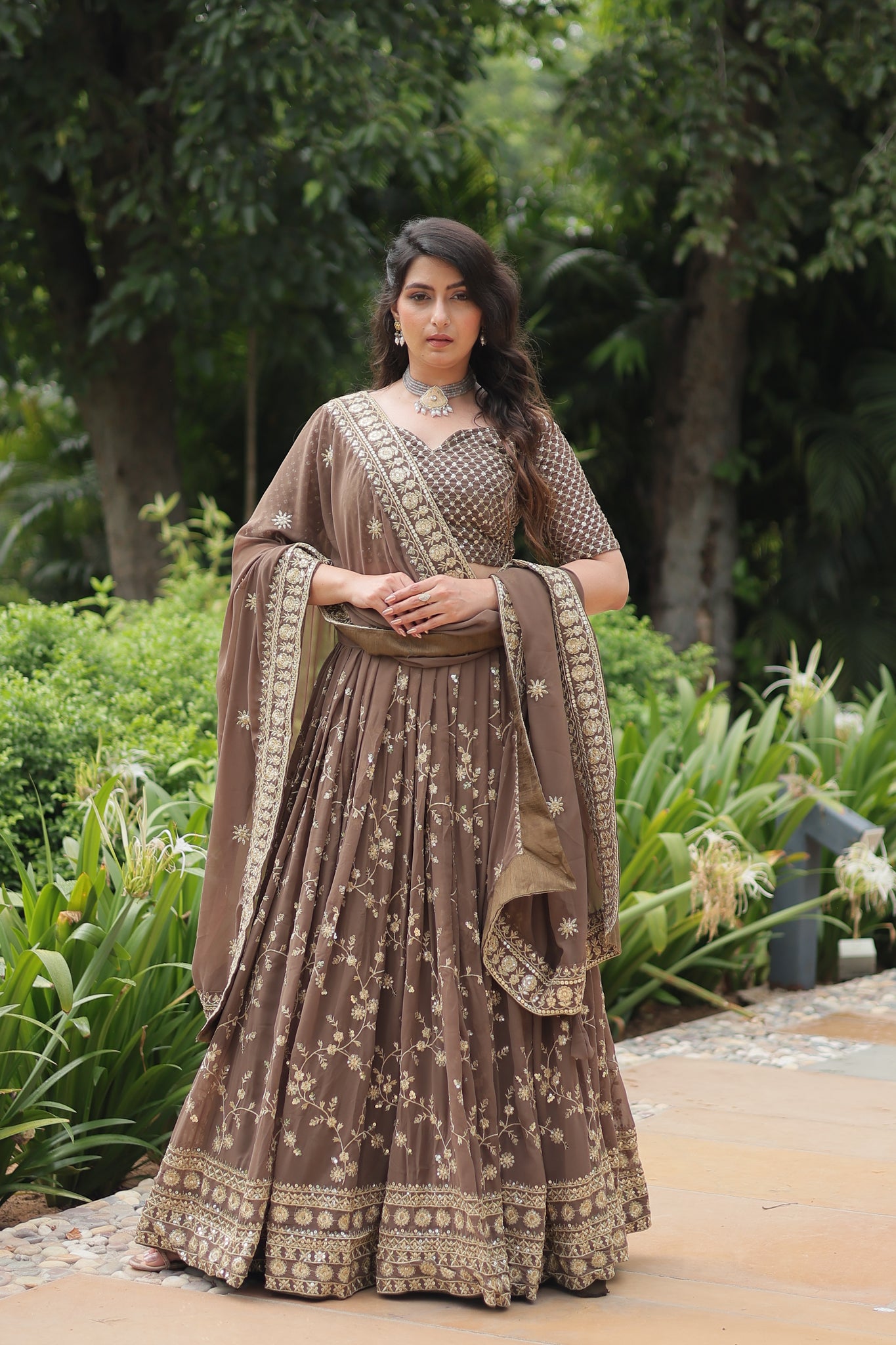 Party Wear Blooming Brown Lehenga Choli