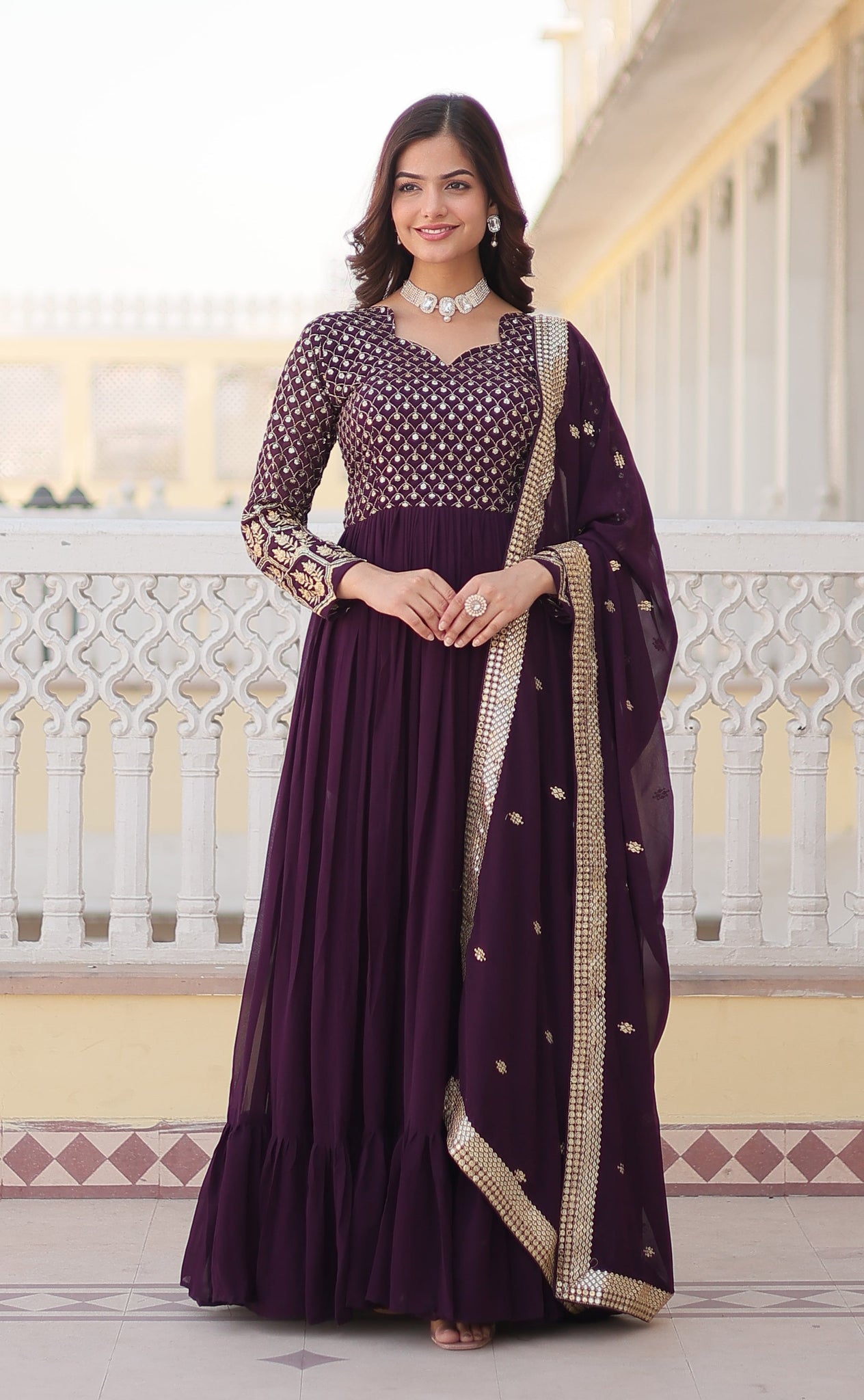 Wine Ready To Wear Anarkali Gown Set For Women