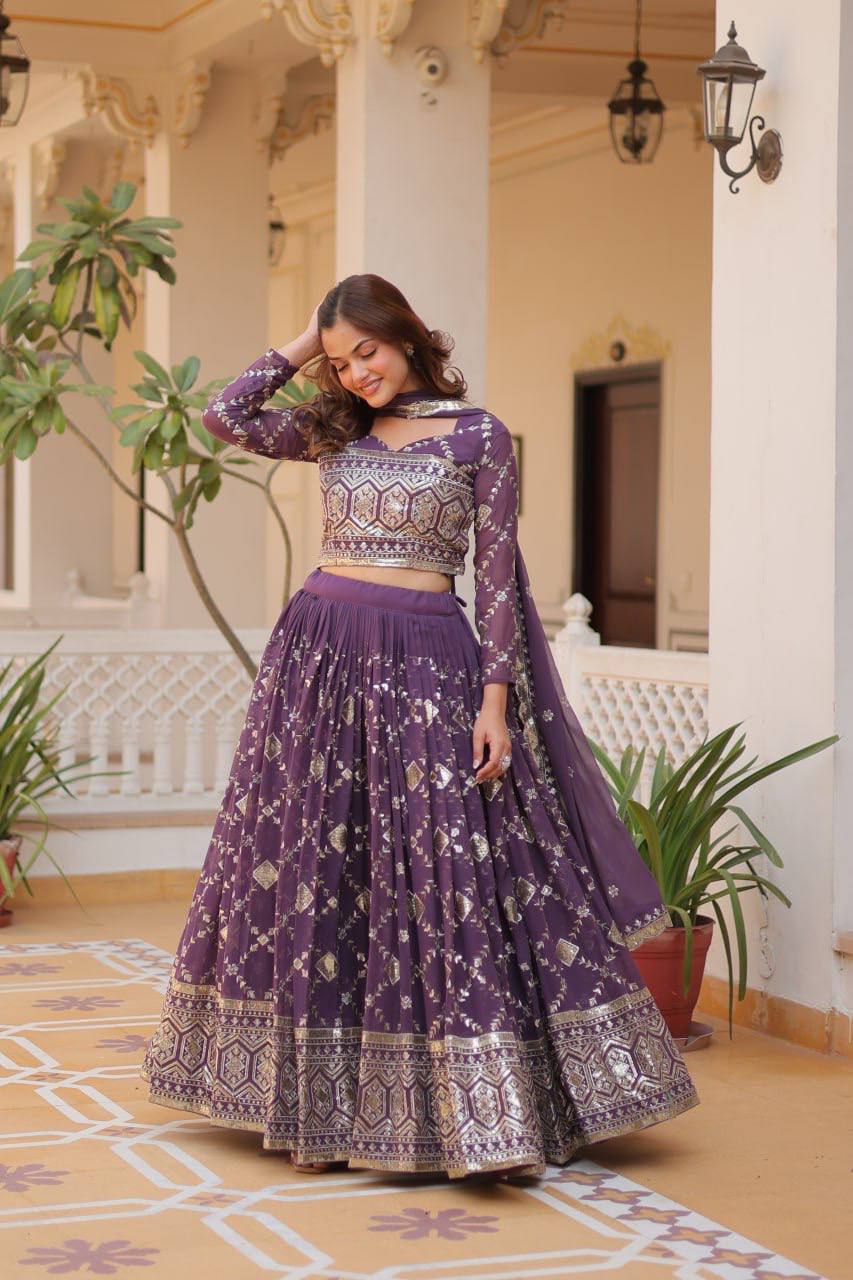 Designer Georgette Wedding Wear Purple Lehenga Choli