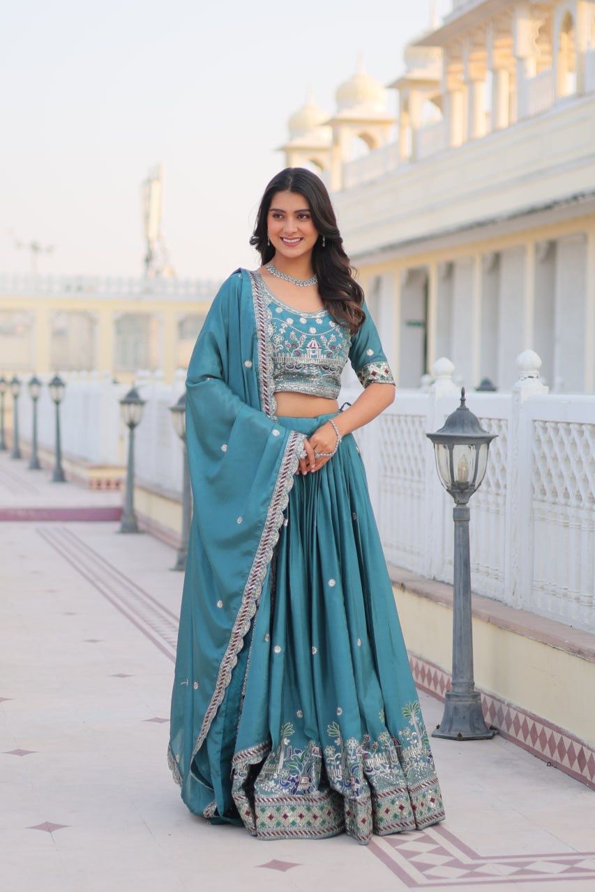 Party Wear Chinon Embroidered Turquoise Lehenga Choli