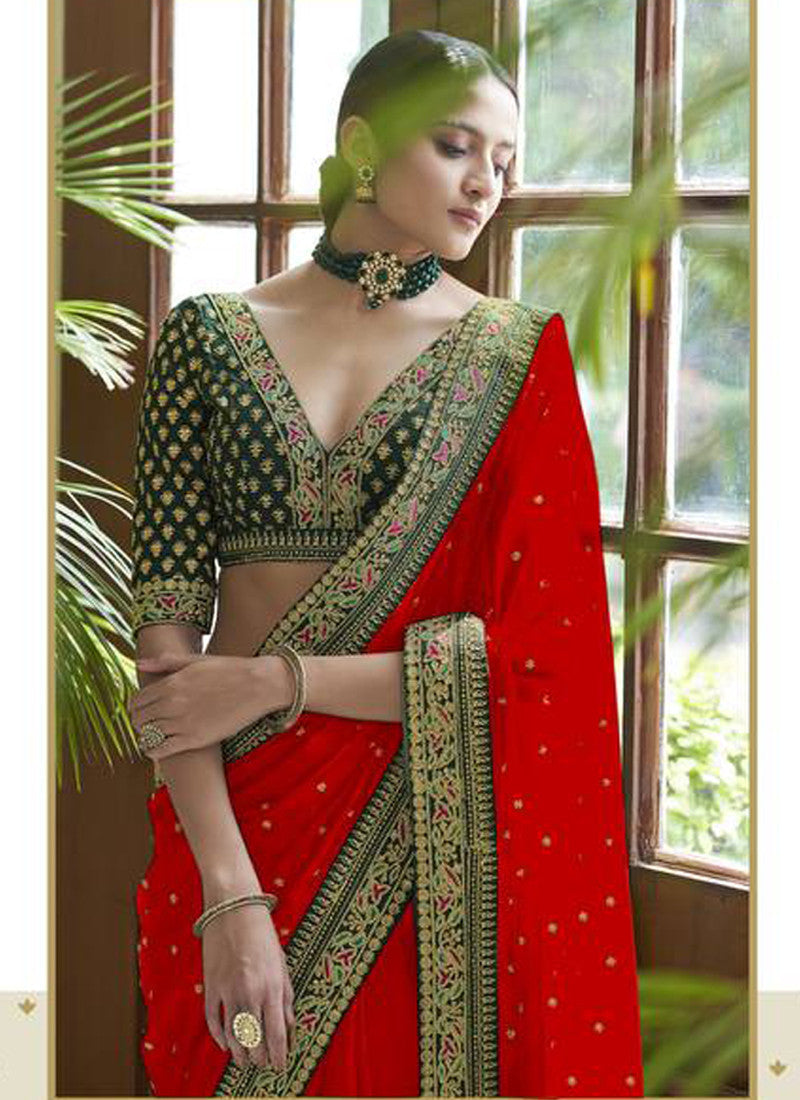 Georgette Embroidery Bridal Wear Maroon Saree