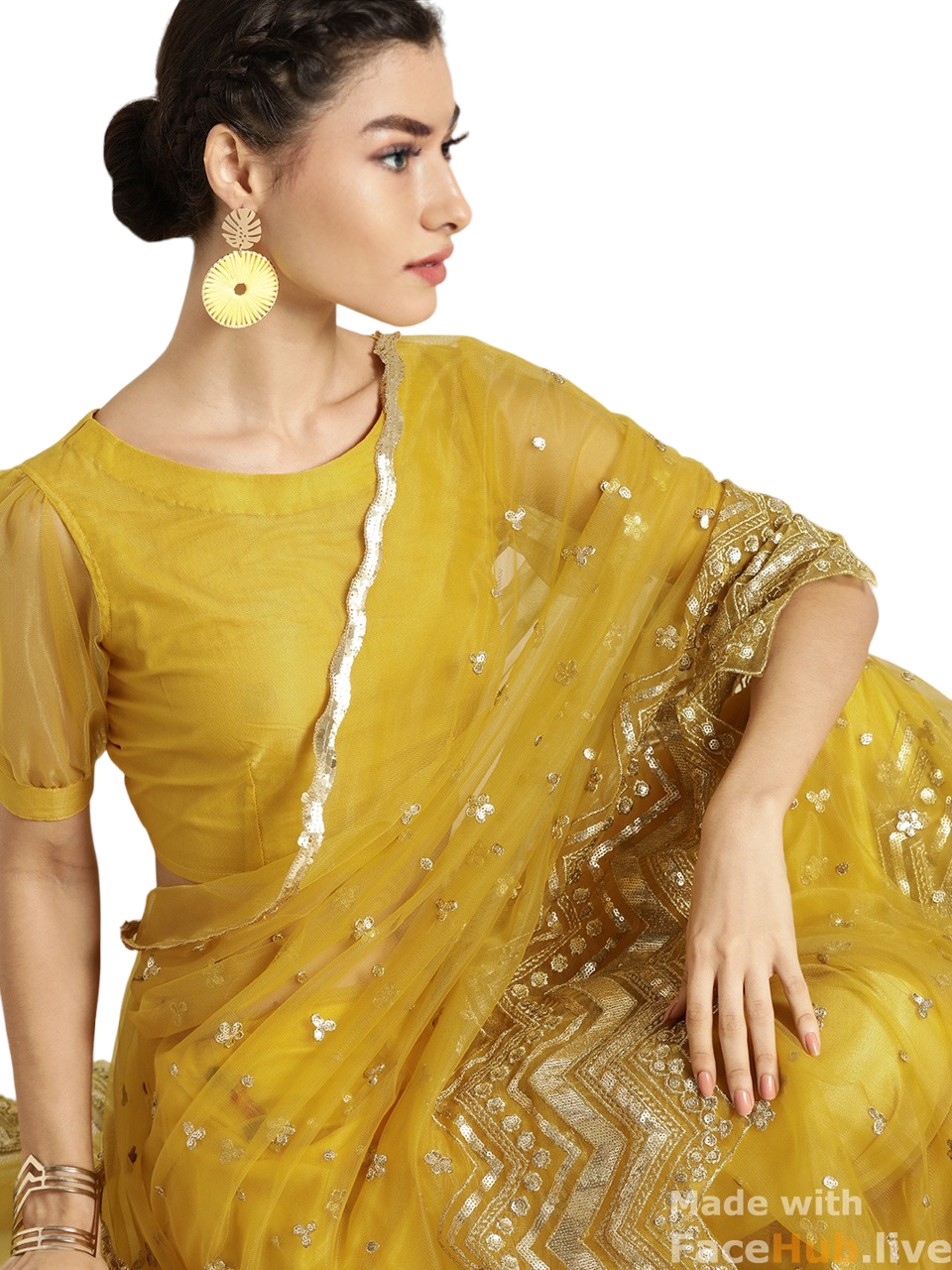 Golden Embroidered Sequence Work Partywear Yellow Saree