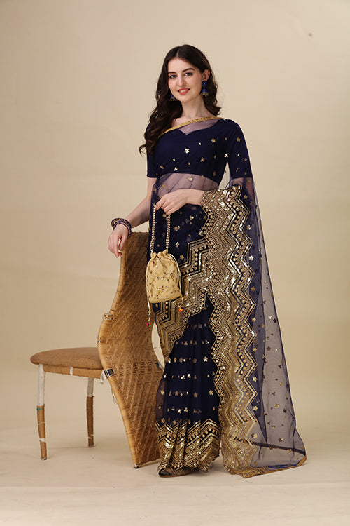 Golden Embroidered Sequence Work Partywear Blue Saree