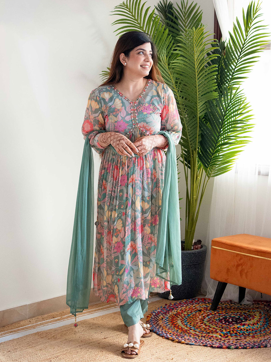 Green Floral Alia Cut Suit Set