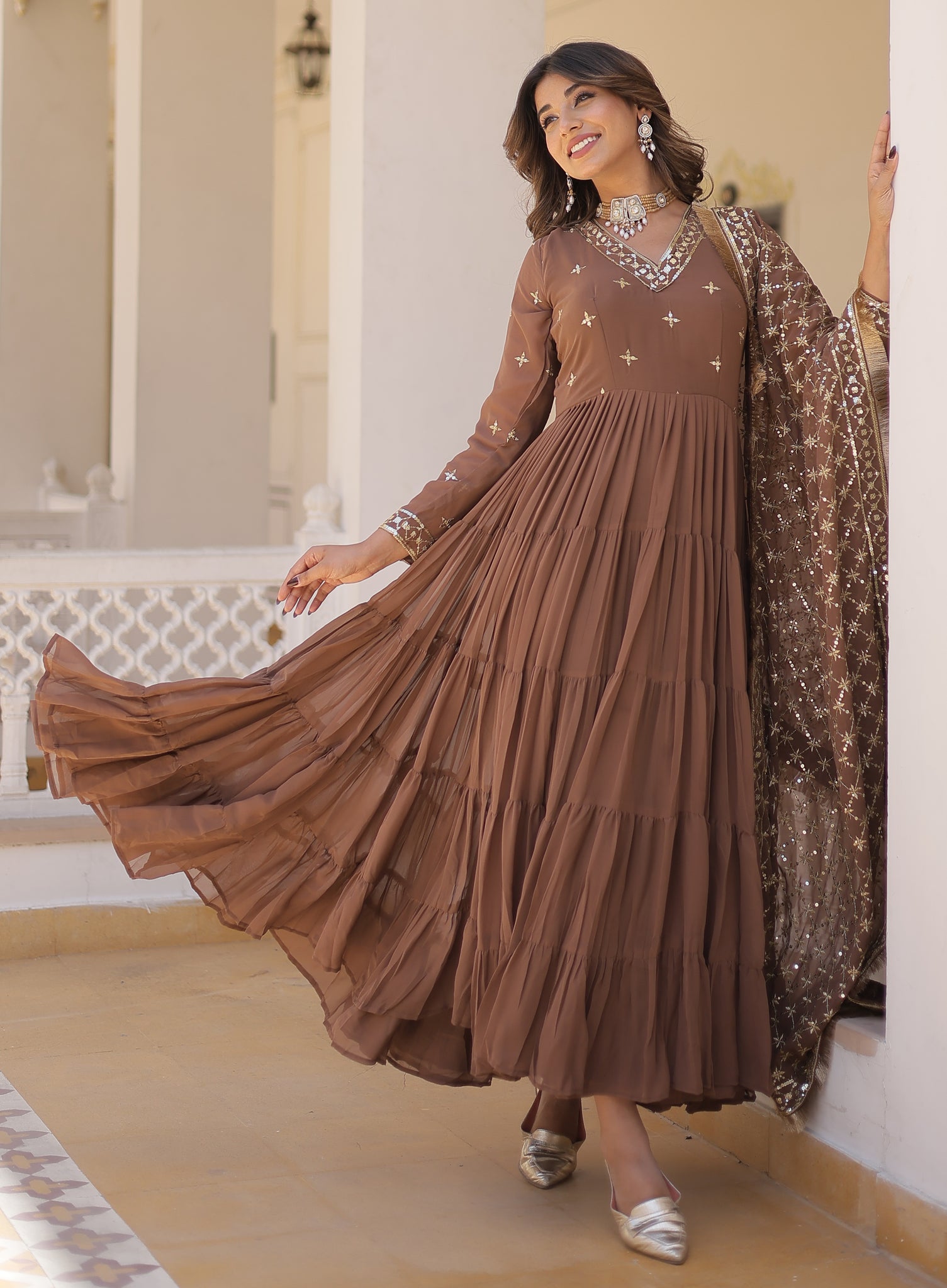 Ready To Wear Georgette Brown Gown Set