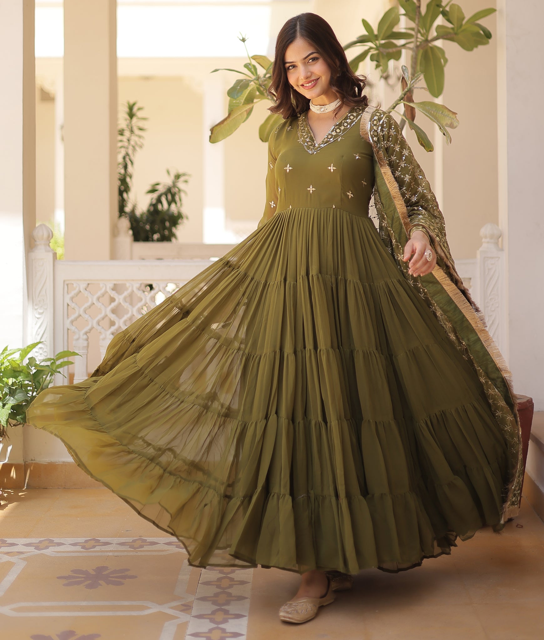 Ready To Wear Georgette Green Gown Set