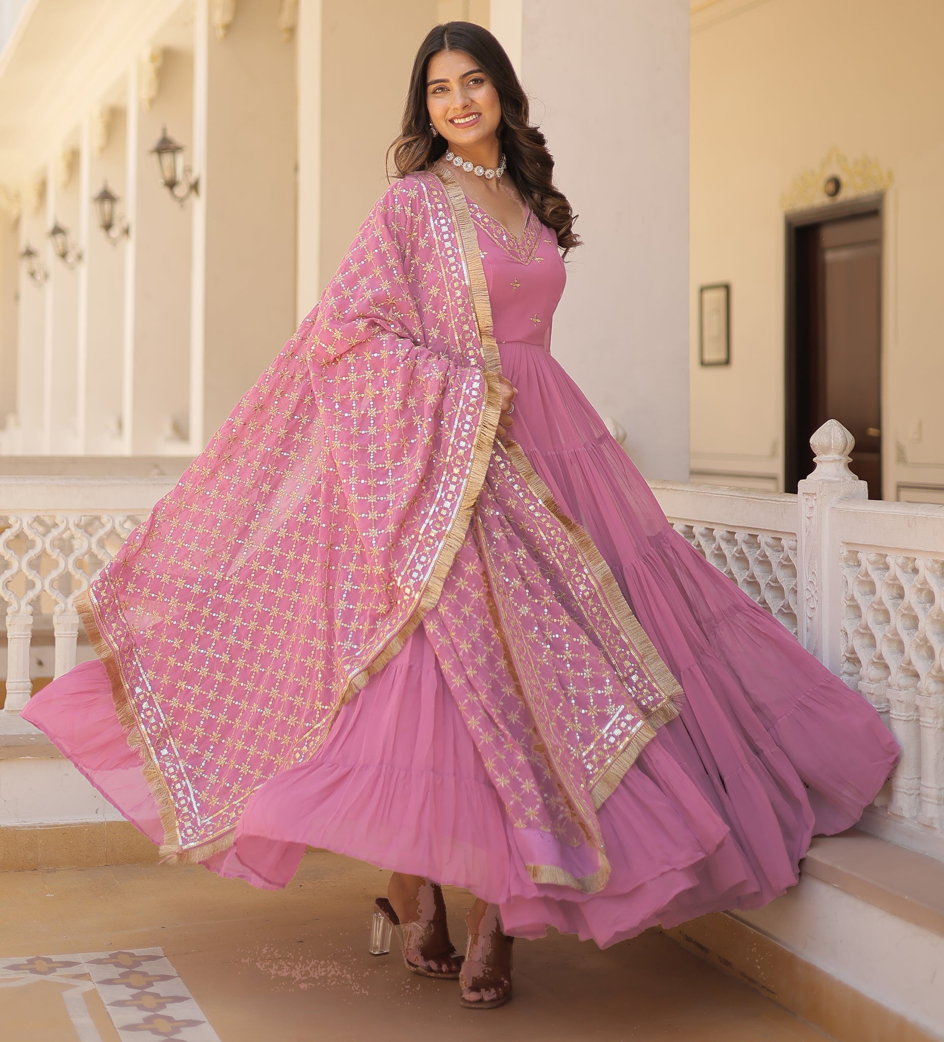 Ready To Wear Georgette Pink Gown Set