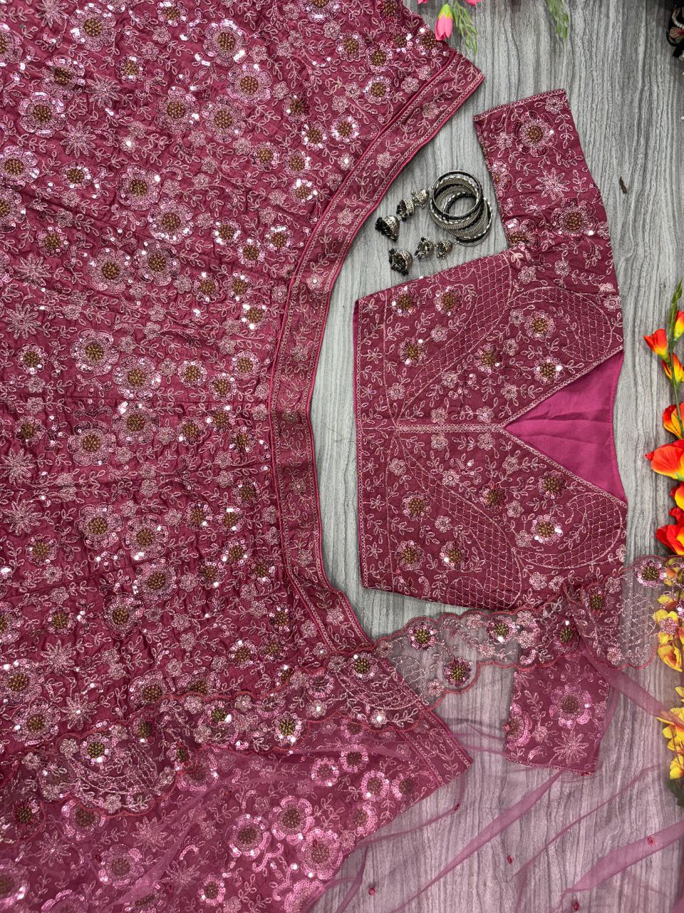 Bridal Wear Silk Sequence Pink Lehenga Choli