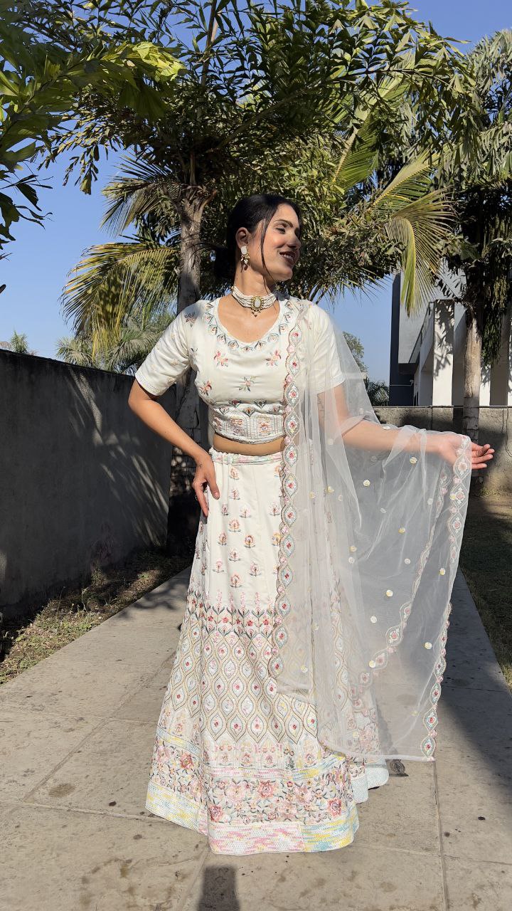 White Georgette Embroidered Wedding Lehenga Choli