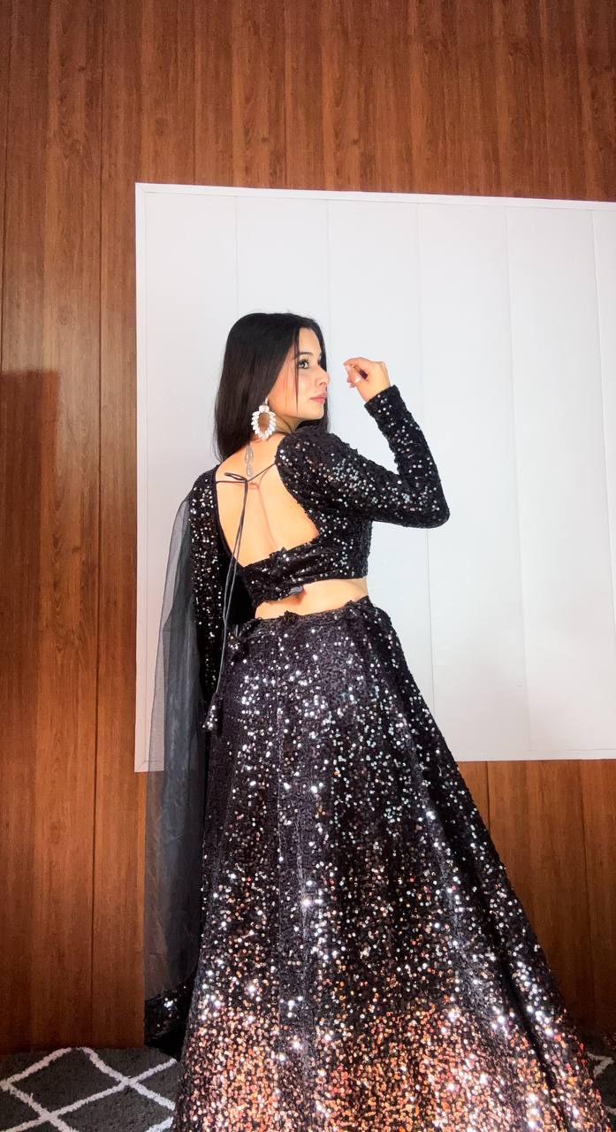 Velvet Sequenced Wedding Party Black Lehenga Chol