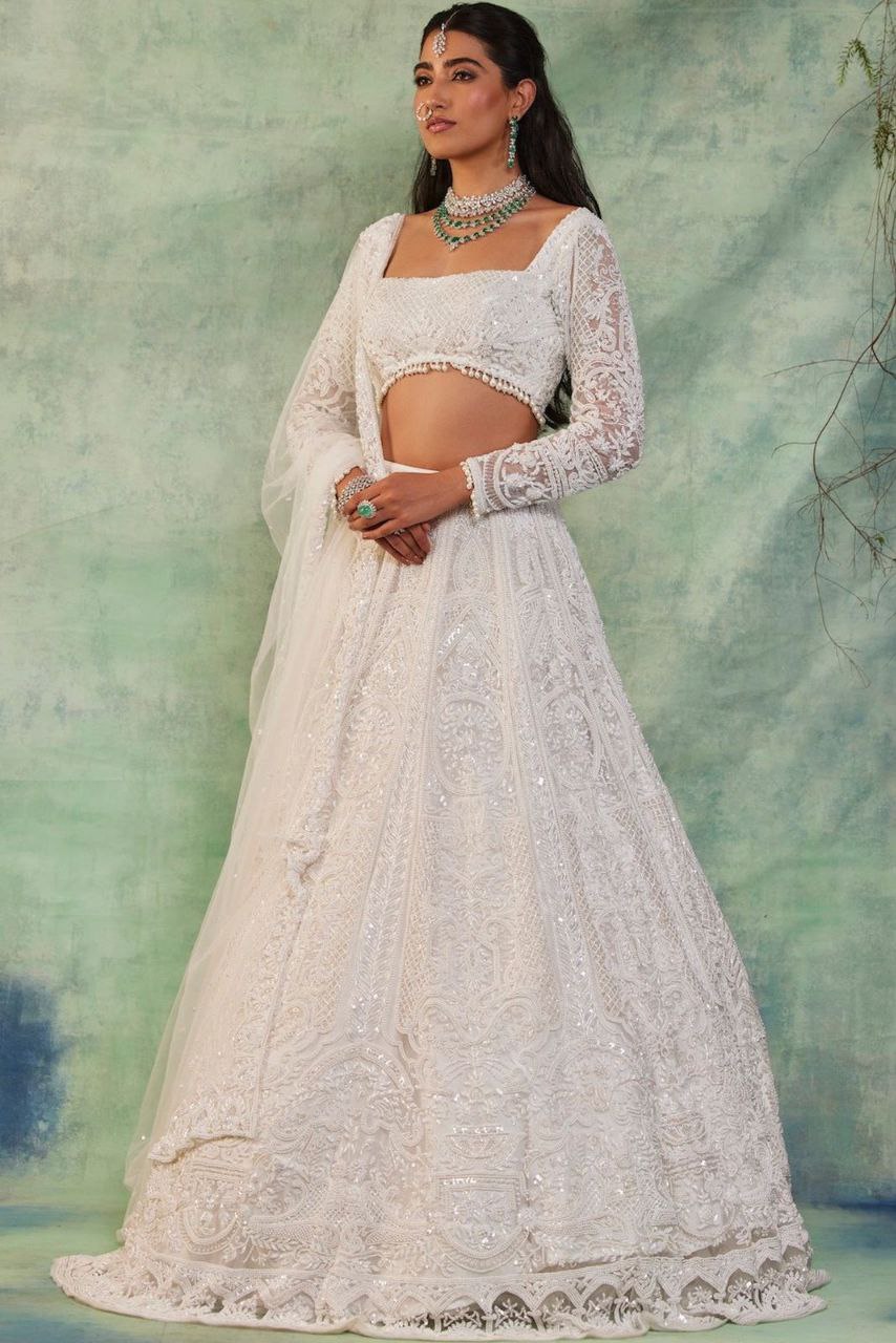 Wedding Wear Butterfly Net White Lehenga Choli