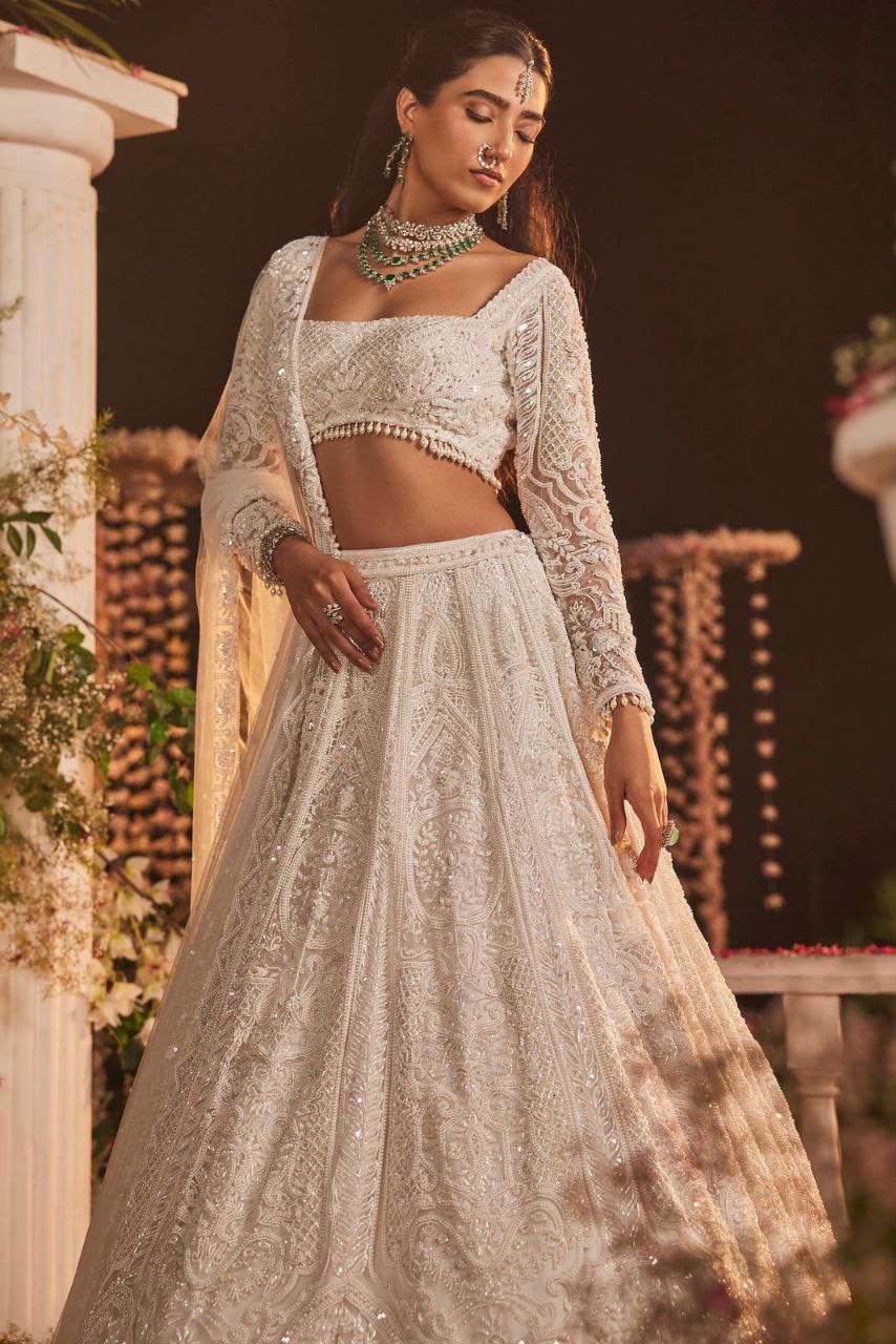 Wedding Wear Butterfly Net White Lehenga Choli