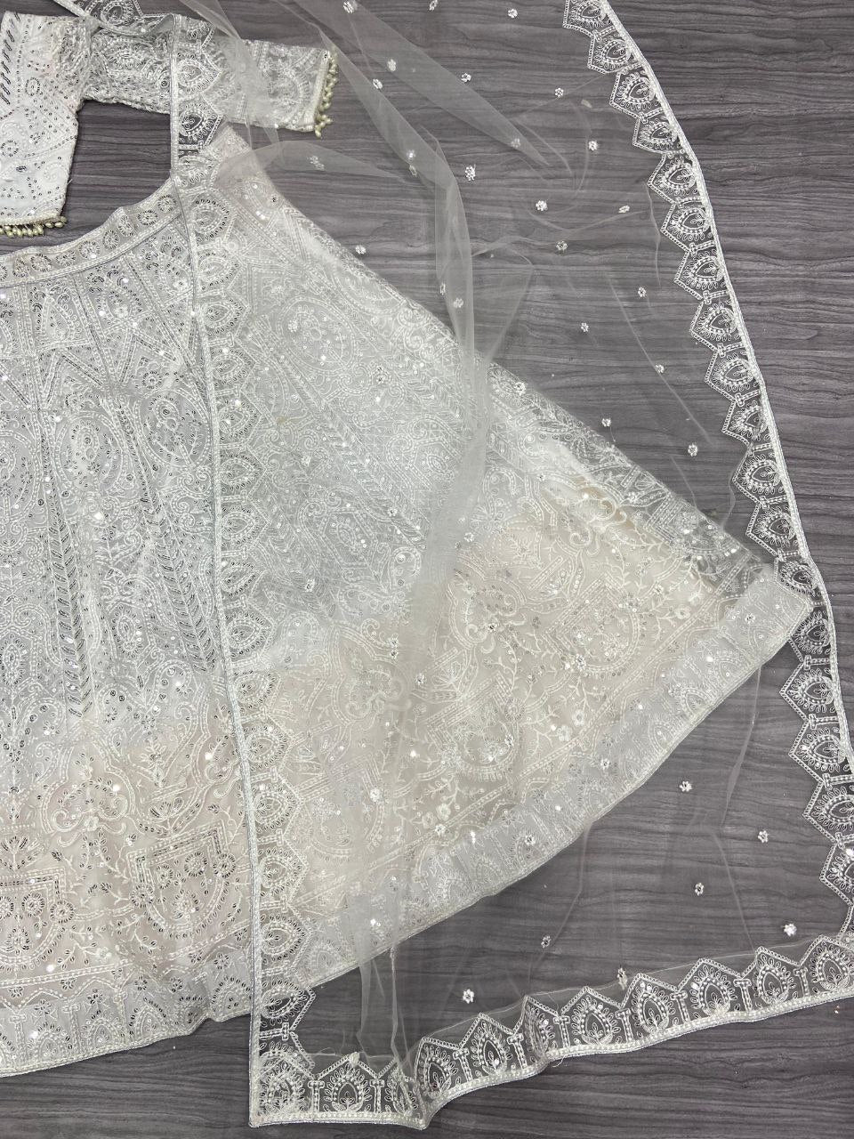 Wedding Wear Butterfly Net White Lehenga Choli