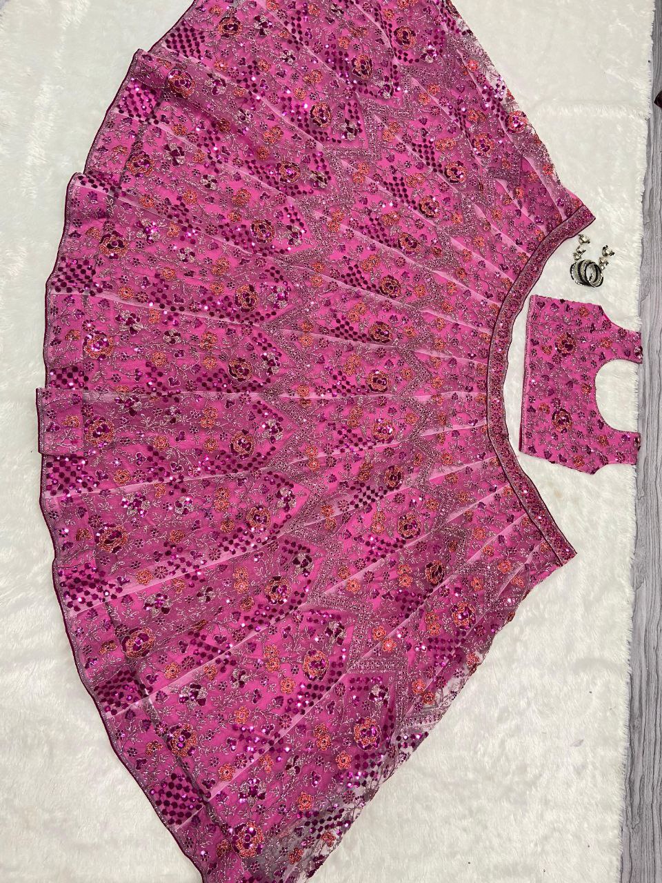 Wedding Wear Net Pink Lehenga Choli