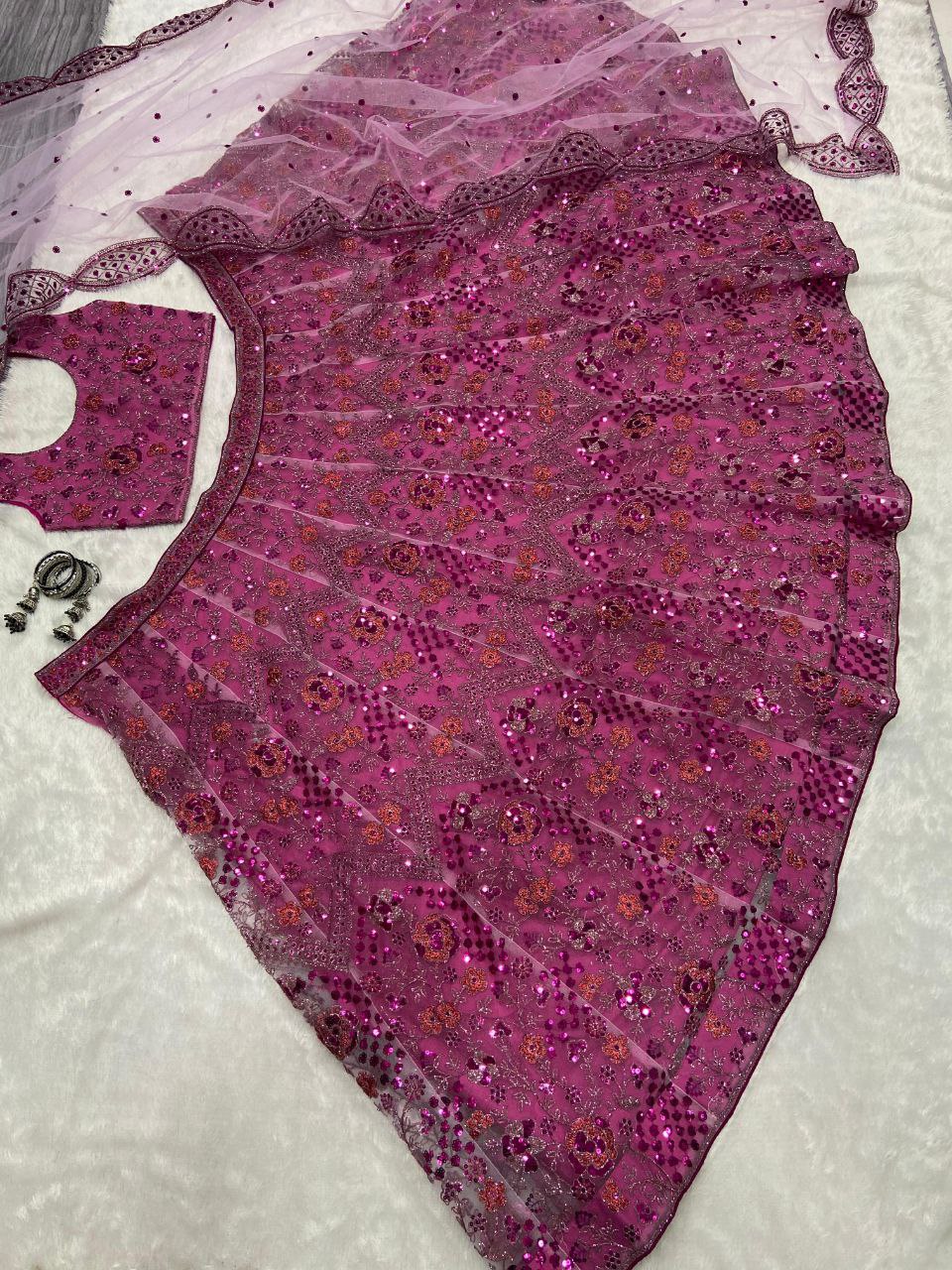 Wedding Wear Net Pink Lehenga Choli