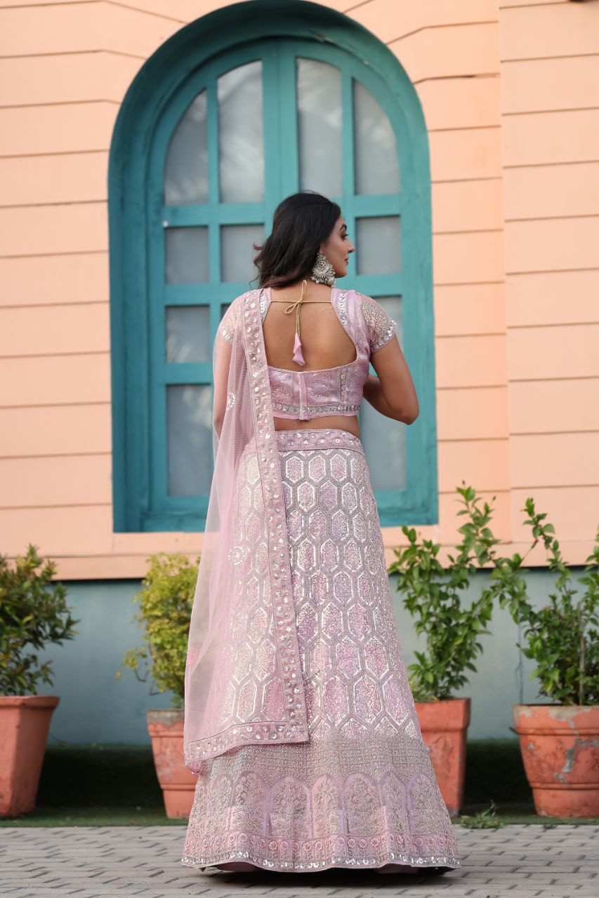 Wedding Wear Net Baby Pink Lehenga Choli